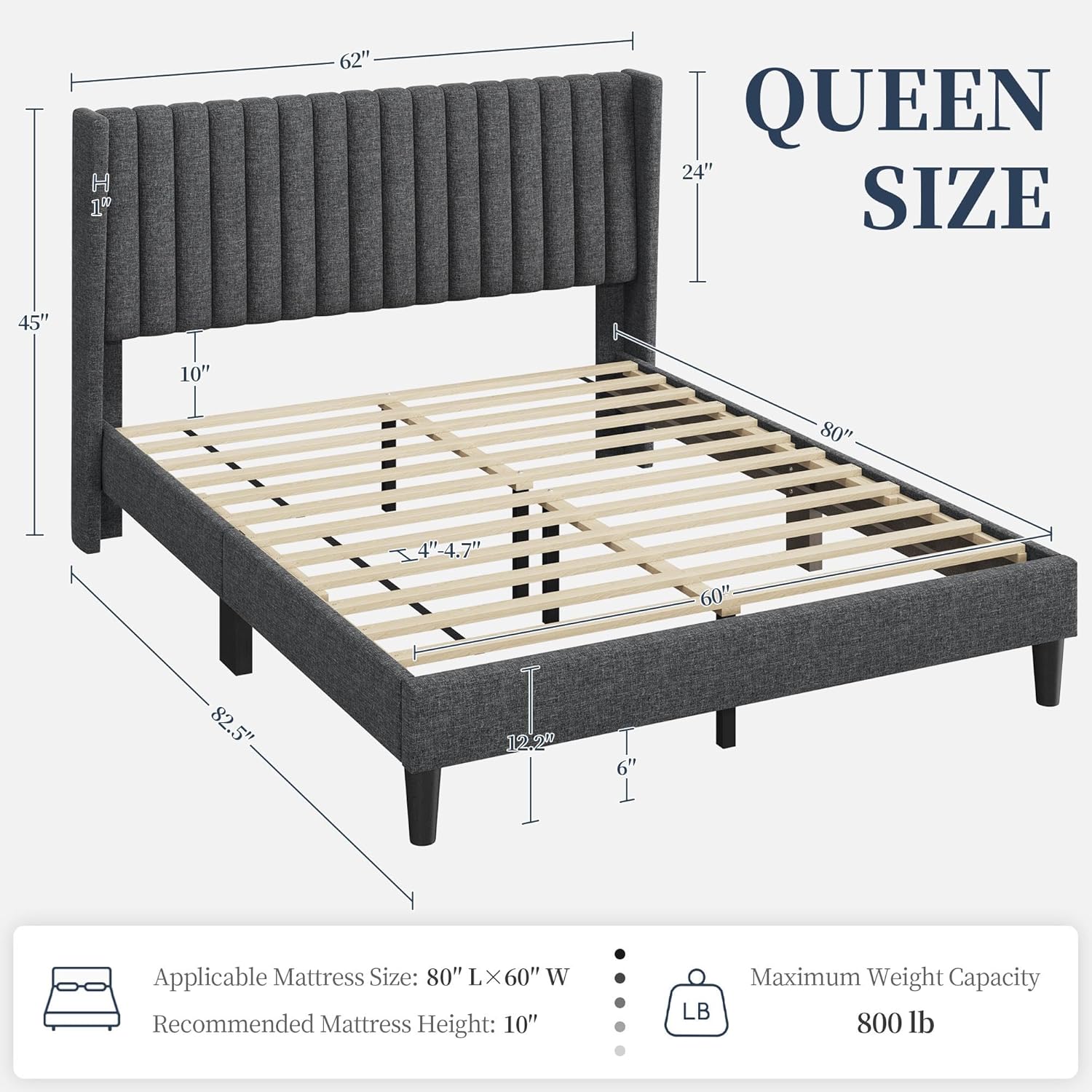 Thumbnail 1 de Yaheetech YT-00111176-001 Queen Upholstered Bed Frame, Dark Gray