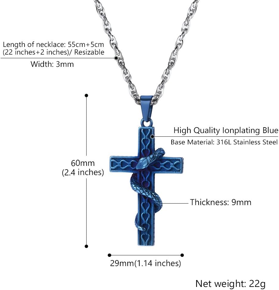 Thumbnail 4 de Collier PROSTEEL unisexe avec pendentif croix et serpent en acier inox 316L, émail bleu (style punk rock)