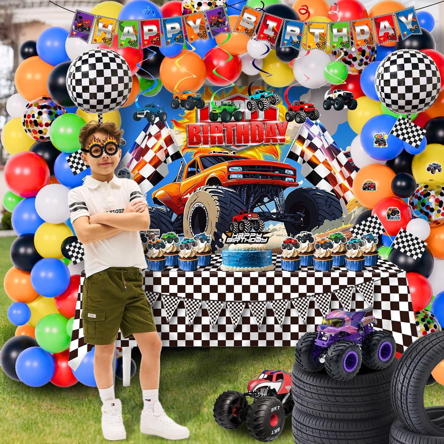 Thumbnail 6 de 140Pcs Monster Truck Birthday Decorations Kit with Backdrop and Checkered Tablecloth