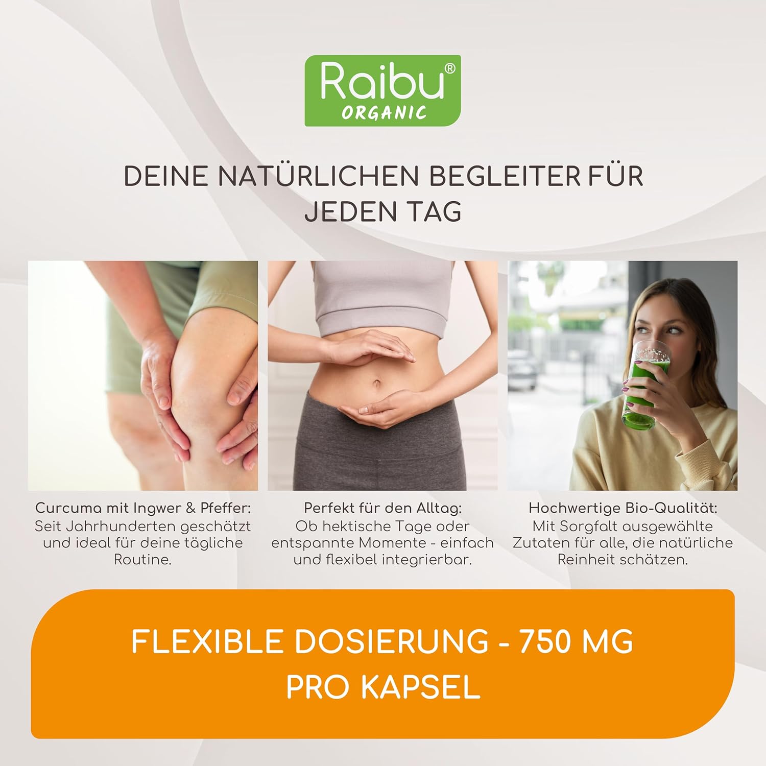 Detalle de Raibu BIO Kurkuma mit Ingwer Kapseln – Hochdosierter Bio-Komplex, 180 Kapseln, vegan, deutsch produziert