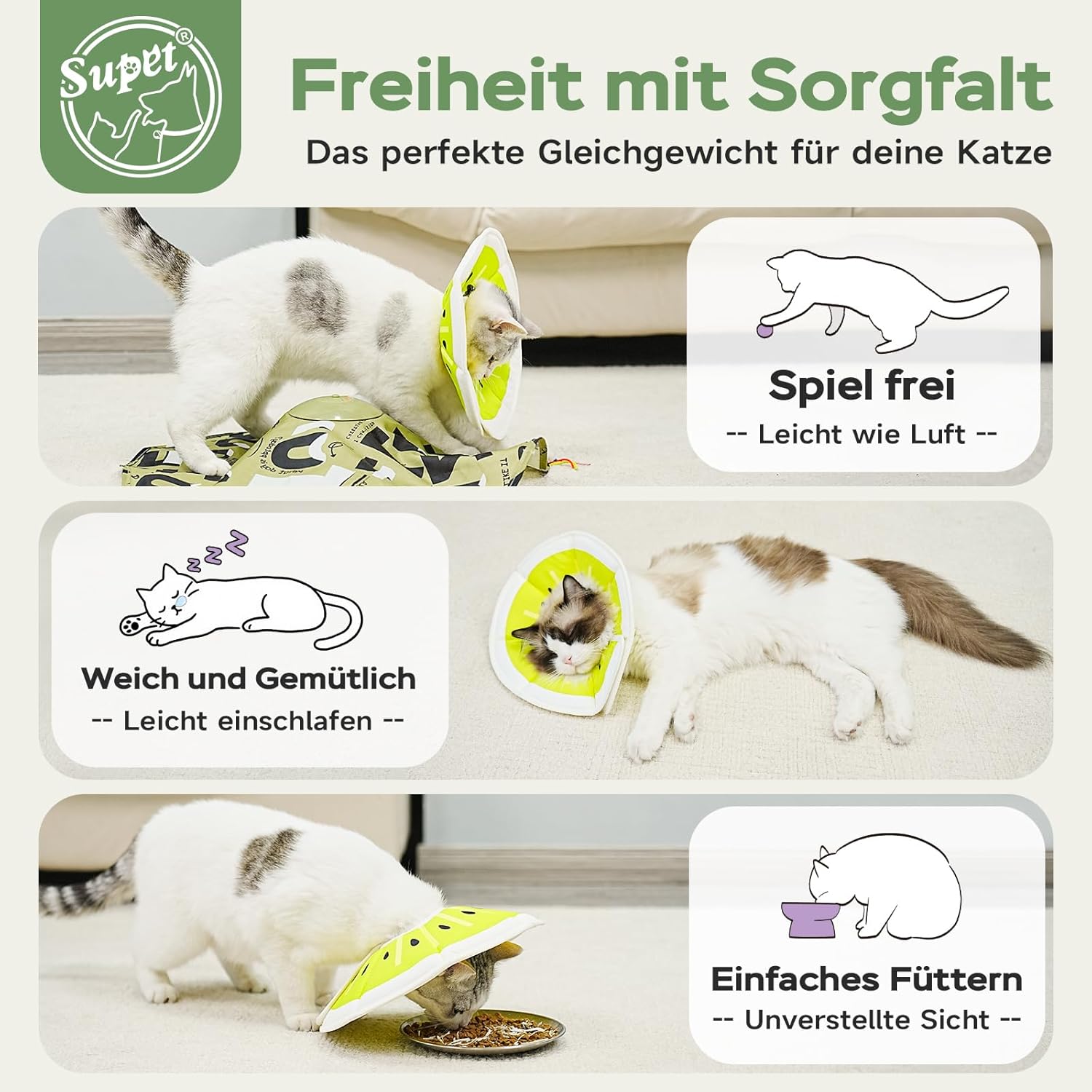 Detalle de Supet weicher Katzenkragen mit einstellbarem Halsband – waschbarer Halskrause für S/M/L (Grüne Kiwifrucht, L)