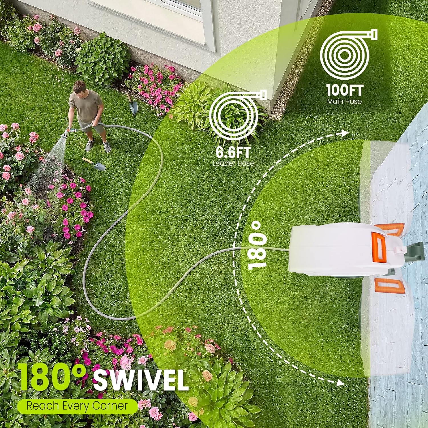 Thumbnail 2 de Bietor Retractable Garden Hose Reel – 45m Reach, 180° Swivel, 10-Pattern Nozzle