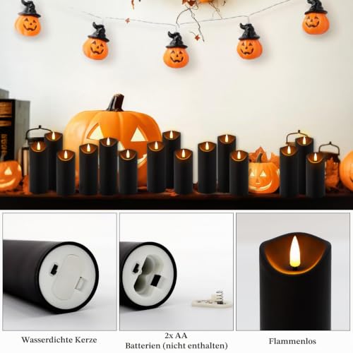 Detalle de LIVEN 24 schwarze flammenlose LED-Kerzen mit Fernbedienung, flackernd, 3 Größen