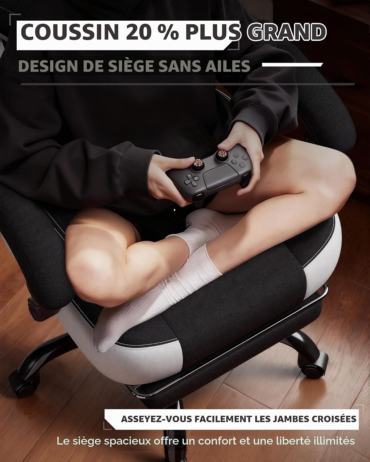 Detalle de LUCKRACER LR408 gamingstoel van stof met traagschuim, voetsteun en verstelbare rugleuning