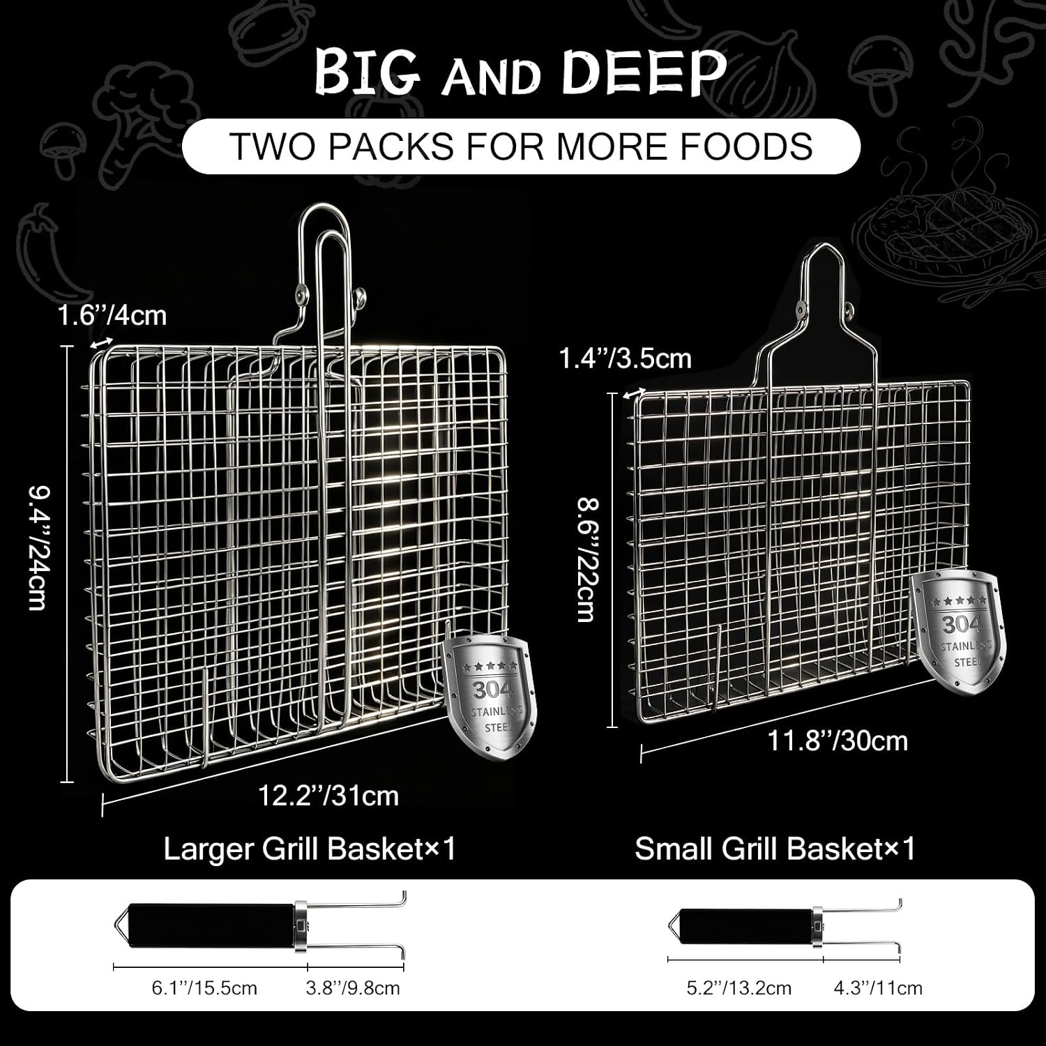 Detalle 2 de Gtoopal Deep Fish Grill Basket Set, 304 Stainless Steel, Detachable Handle