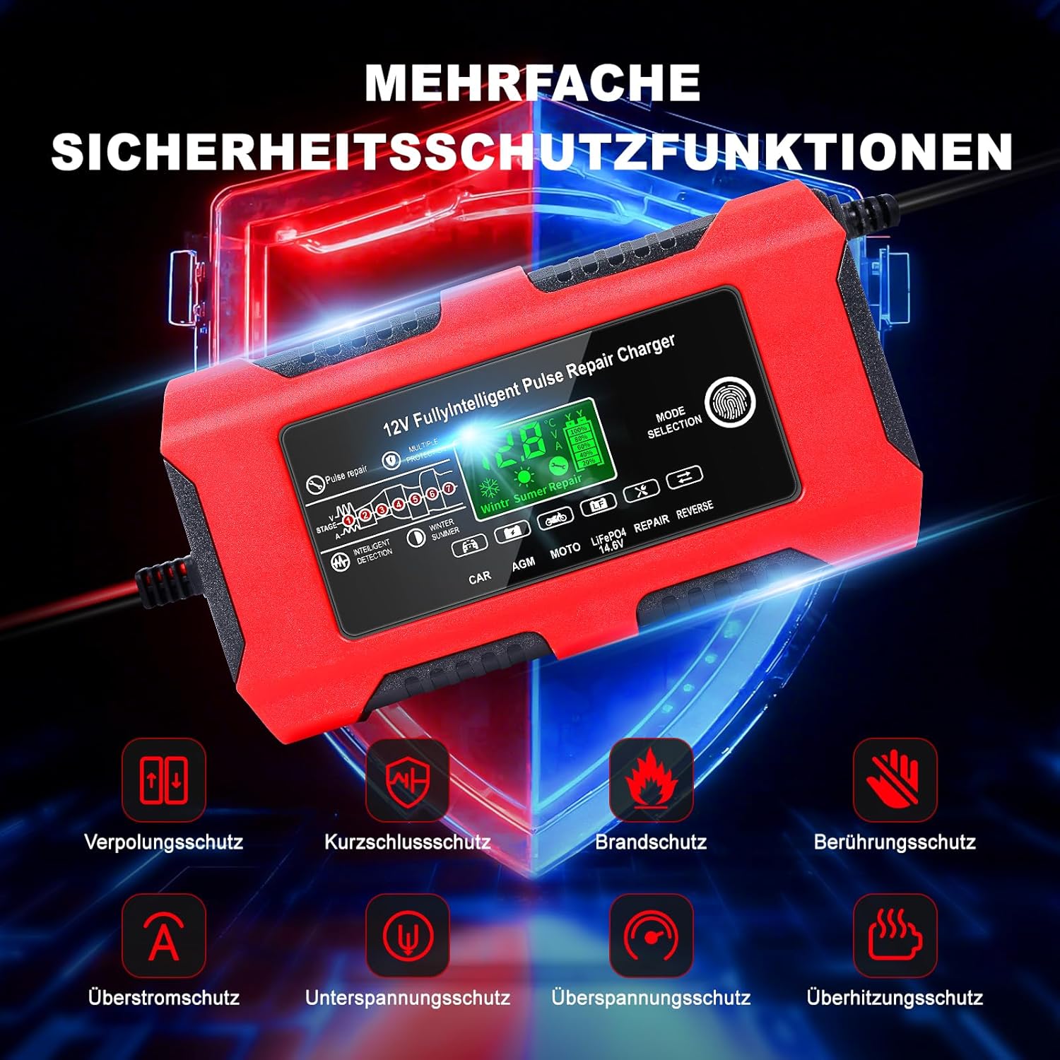 Thumbnail 5 de YDBAO Autobatterie-Ladegerät 10A 12V Smart – vollautomatisches KFZ-Ladegerät mit LCD, Temperaturkompensation & Reparaturmodus