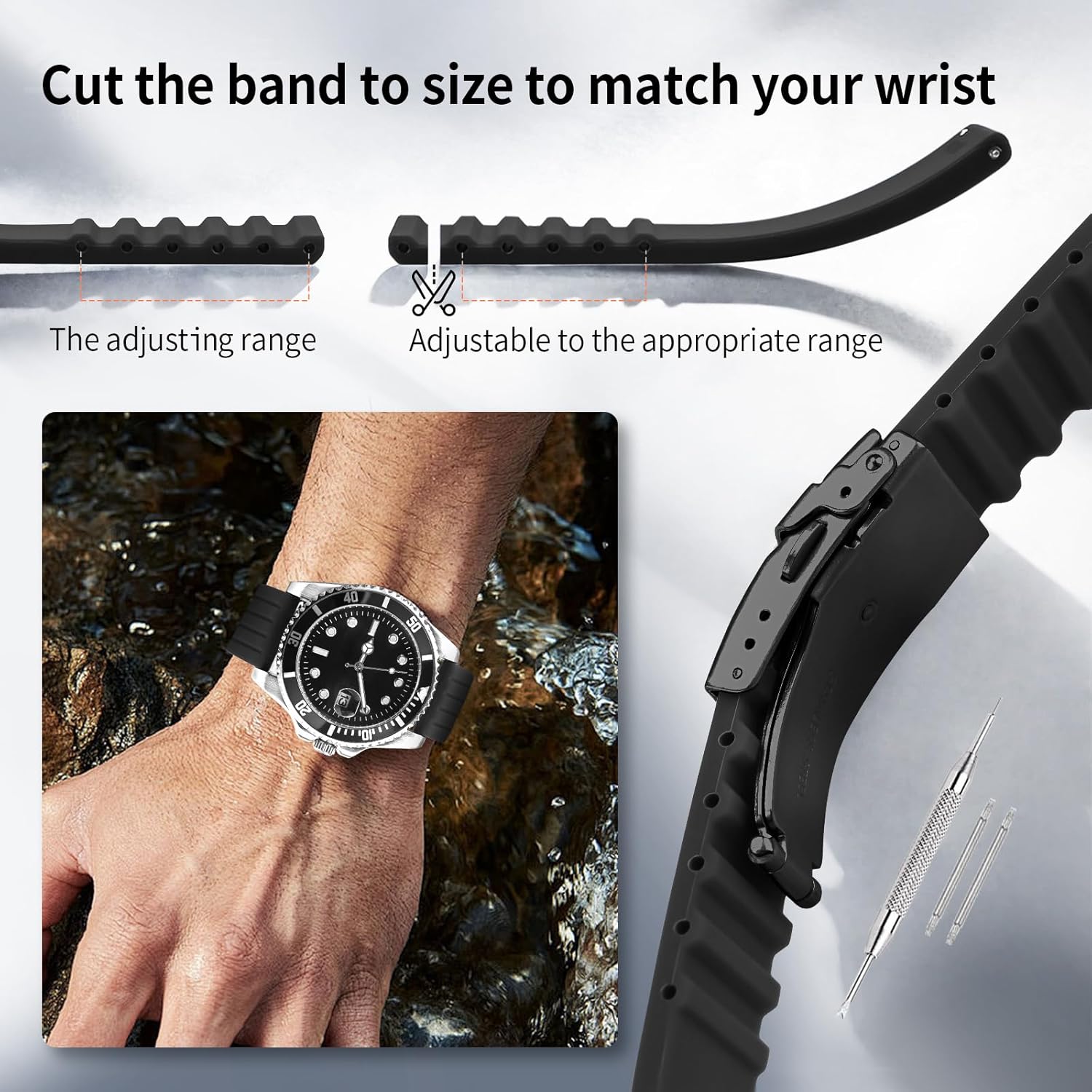Thumbnail 4 de ULLCHRO Unisex-Kautschuk-Armband mit Edelstahl-Faltschließe in Schwarz (schneller Wechsel)