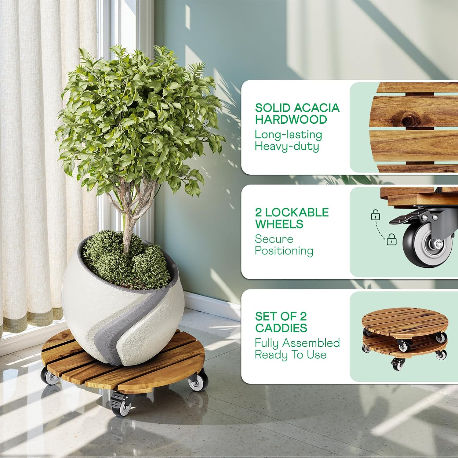 Detalle de IDZO EDNV Acacia Wood Plant Caddy Set, 14-Inch, Locking 360° Wheels