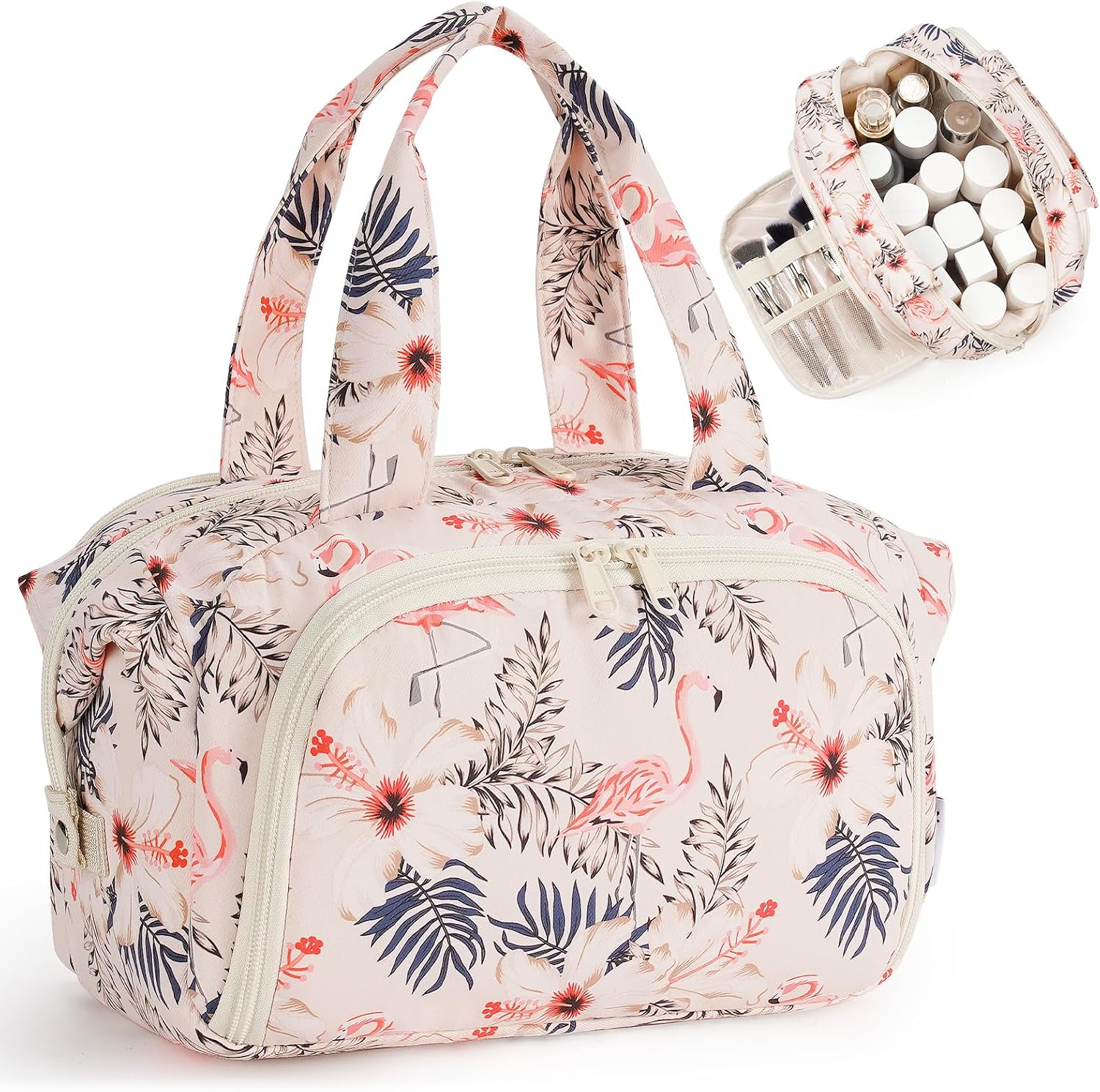 Detalle de Narwey Groß Kosmetiktasche Beige Flamingo – Kulturbeutel Reise Organizer