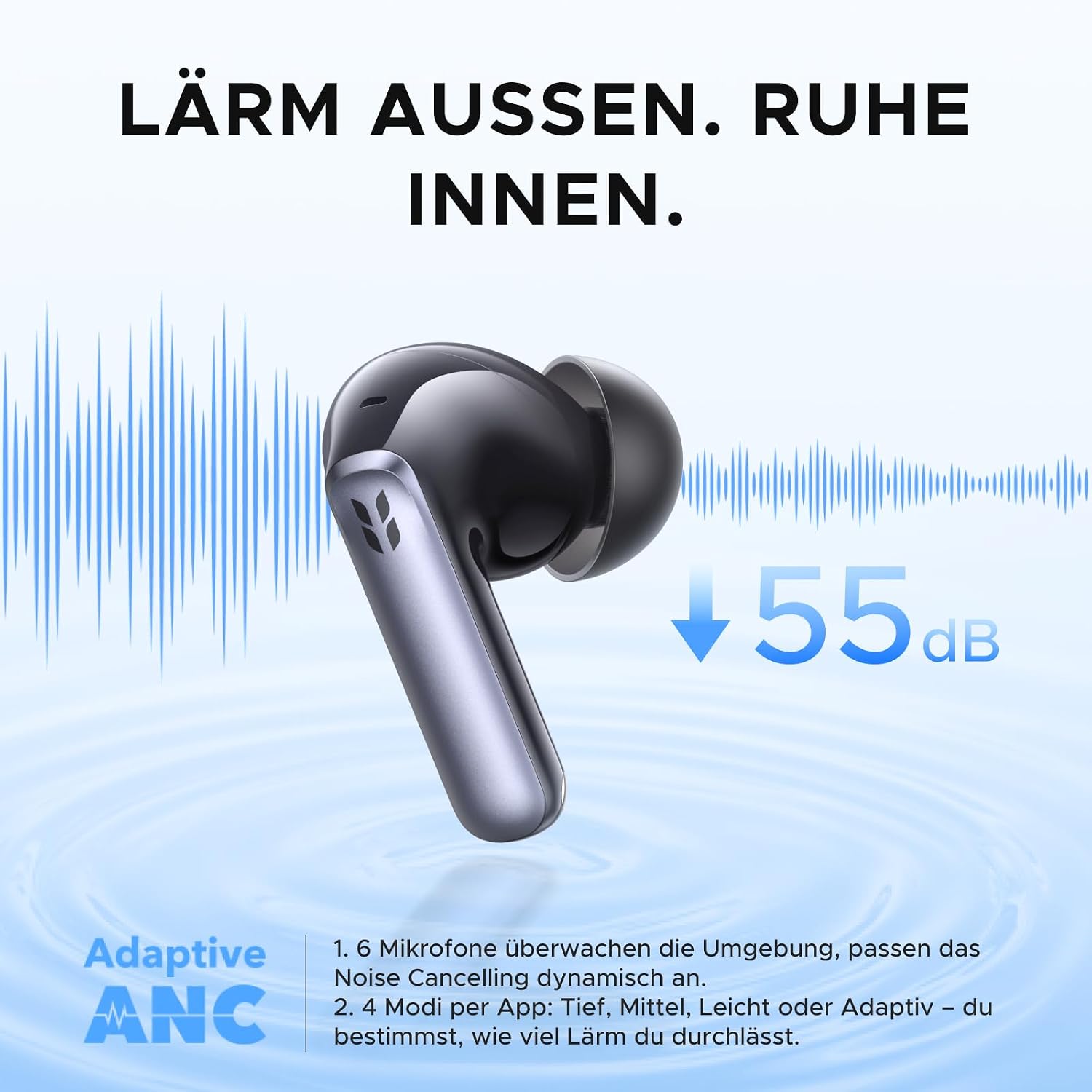 Detalle de UGREEN EchoBuds Plus Adaptive ANC Bluetooth Kopfhörer – Hi-Res Sound, LDAC, 50 h Akku, 6-Mikrofon ENC