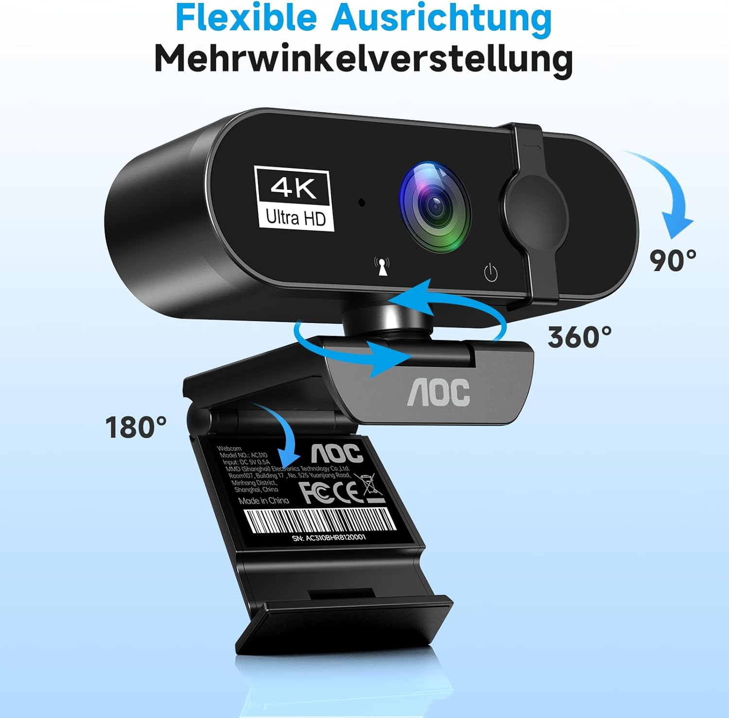 Detalle de AOC Webcam 4K Ultra HD mit Mikrofon, Privatsphärenabdeckung und Plug‑&‑Play