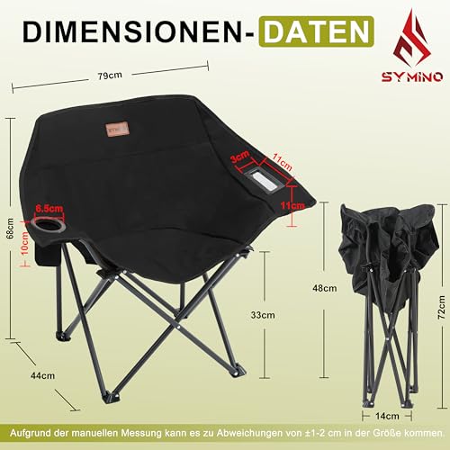 Detalle de Symino Campingstuhl Faltbar mit Getränkehalter und Seitentasche – Anglersessel klappbar, 120 kg Traglast, Schwarz