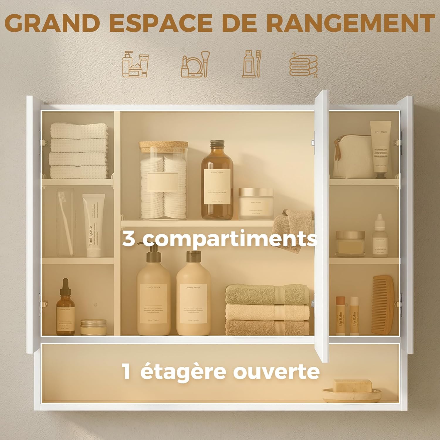 Detalle de kleankin Armoire murale de salle de bain avec miroir (3 portes, 90 x 15 x 75 cm) en blanc