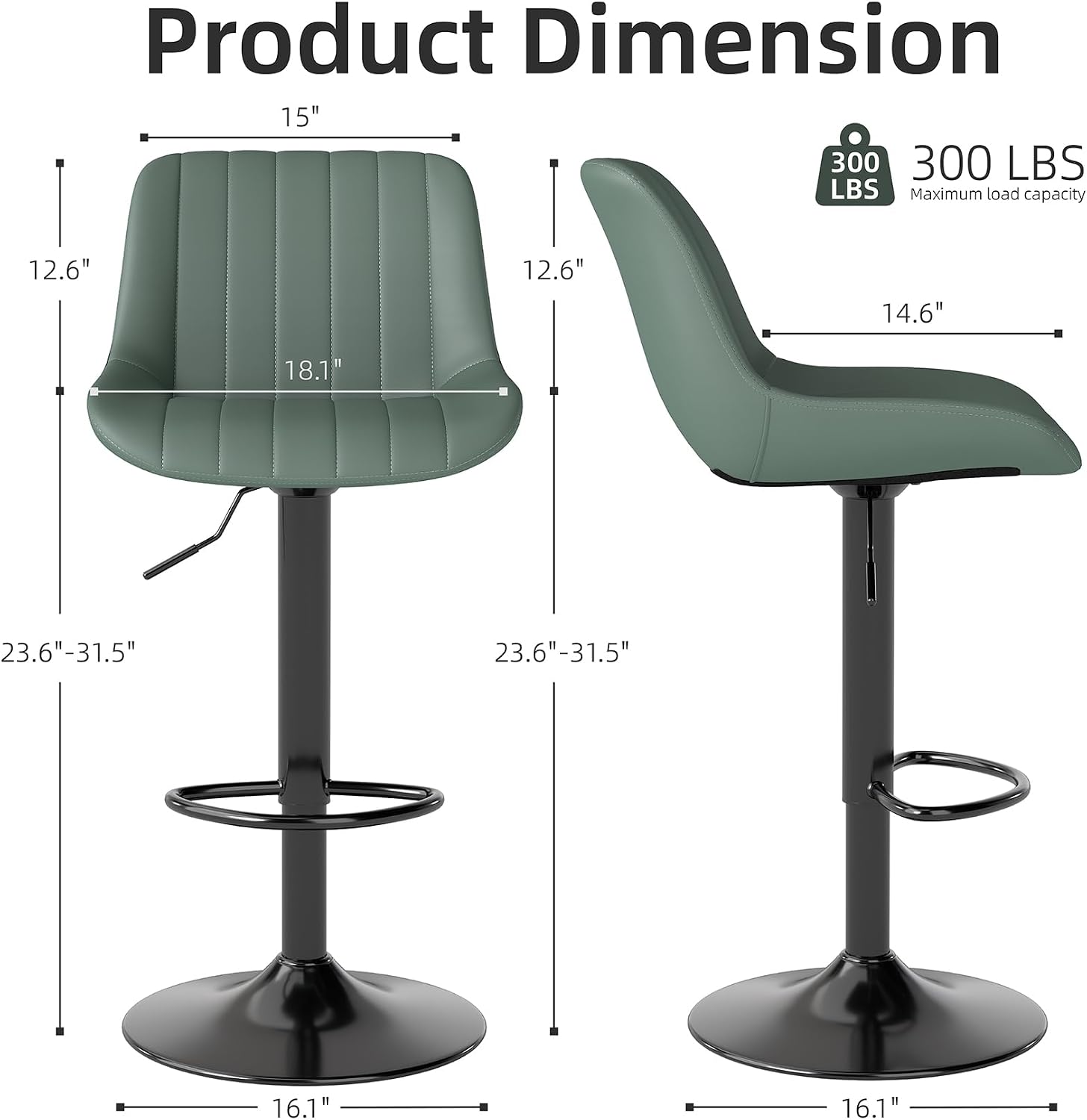 Detalle 2 de Youhauchair Adjustable Faux Leather Bar Stools, Set of 2, Green, Swivel