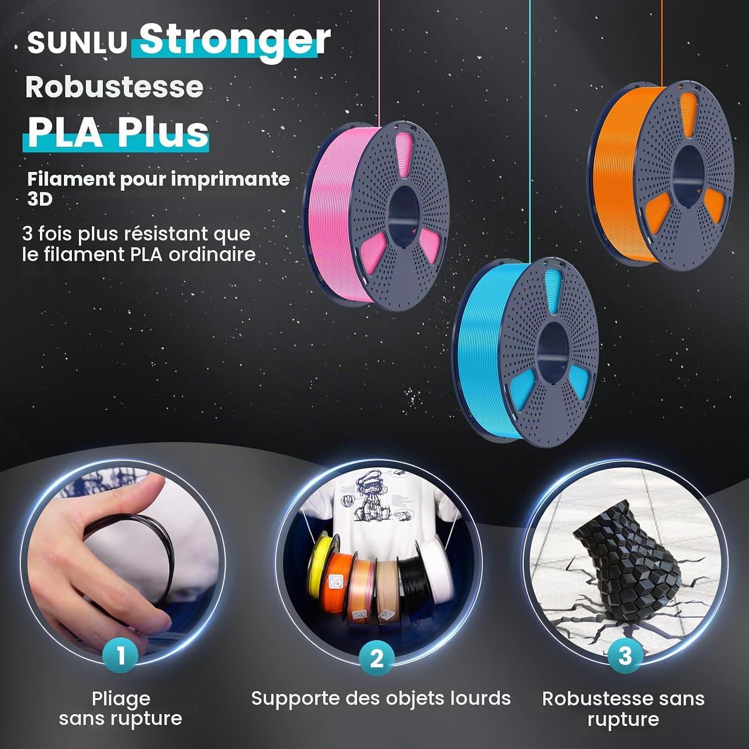 Detalle de SUNLU Filament d'imprimante 3D Multicolore PLA+ 1,75 mm – Paquet 2 kg (8 bobines de 250 g) Noir, Blanc, Gris, Vert menthe, Jaune citron, Orange soleil, Rouge cerise, Bleu ciel