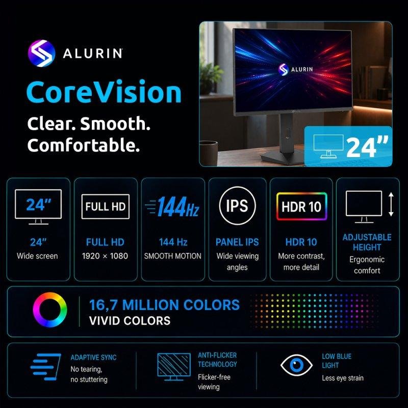 Thumbnail 3 de Monitor Alurin CoreVision 24" Full HD IPS 144 Hz 1 ms con HDR10 y ajuste de altura