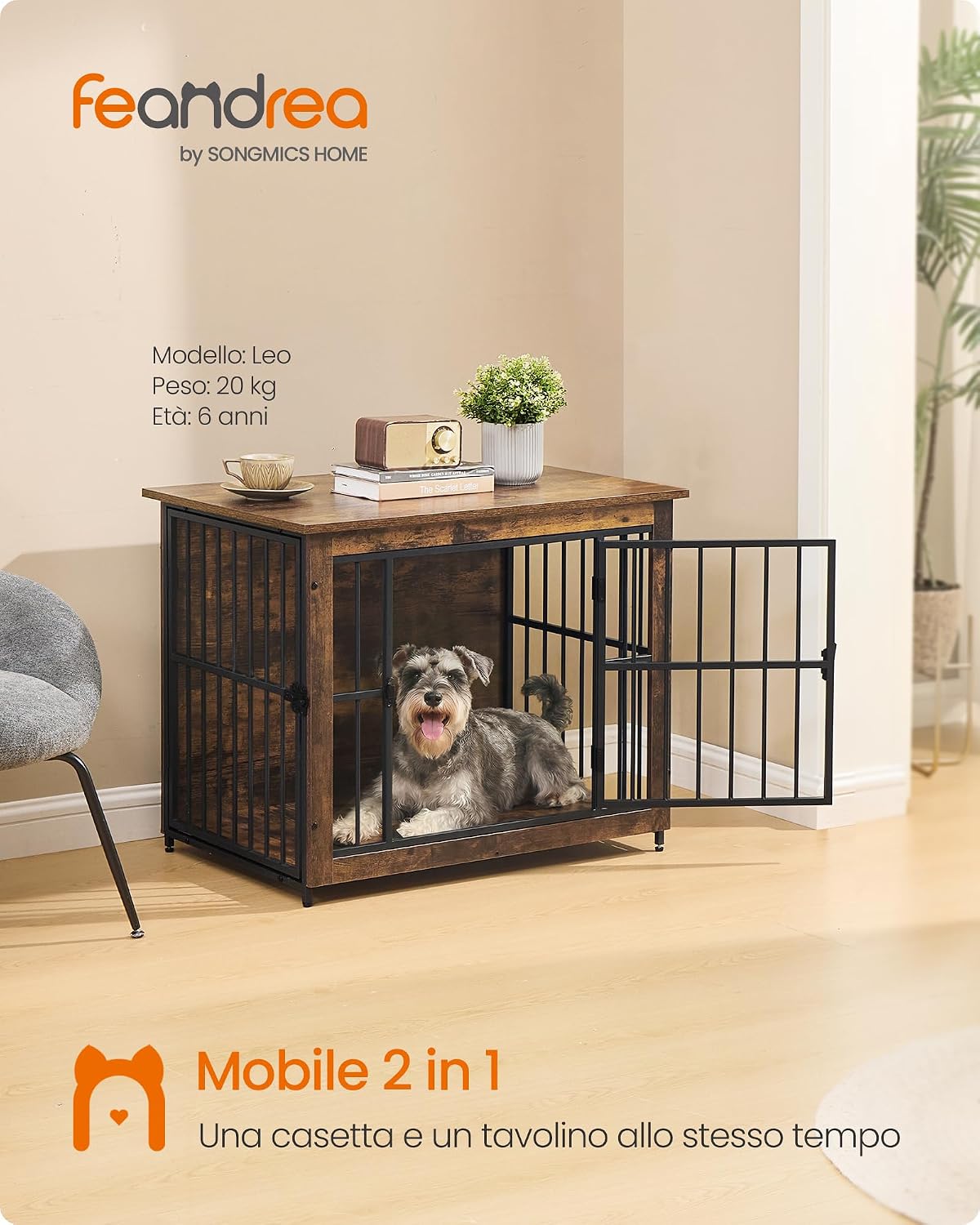 Detalle 2 de Feandrea Mobile Gabbia per Cani 2 in1, 80 x 55 x 64 cm, Marrone Vintage – Gabbia da interno con base chiusa e due porte