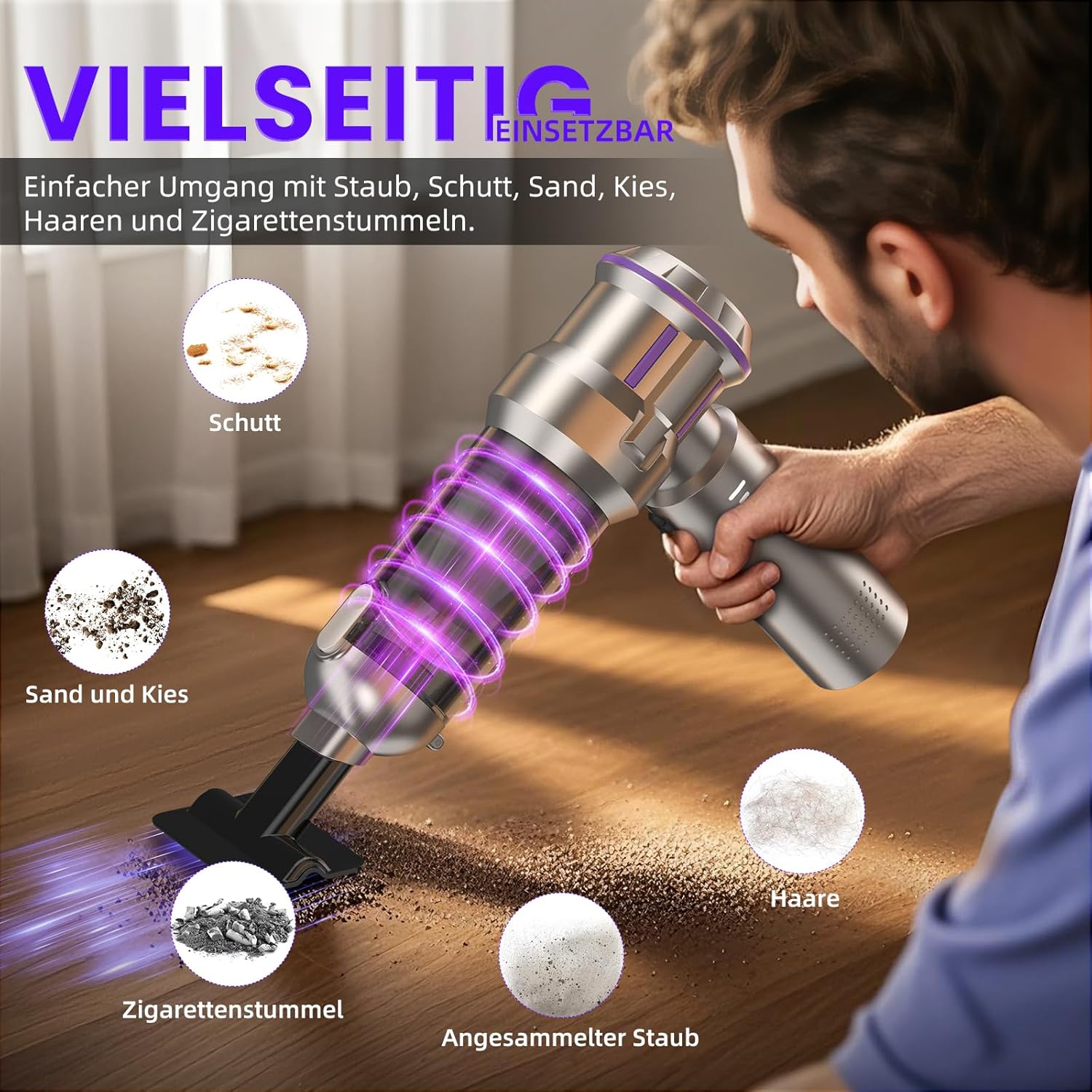 Detalle de Akku-Handstaubsauger 25000 Pa mit 1-Knopf-Selbstentleerung, 4-in-1 Kabellos für Auto, Haushalt & Tierhaare