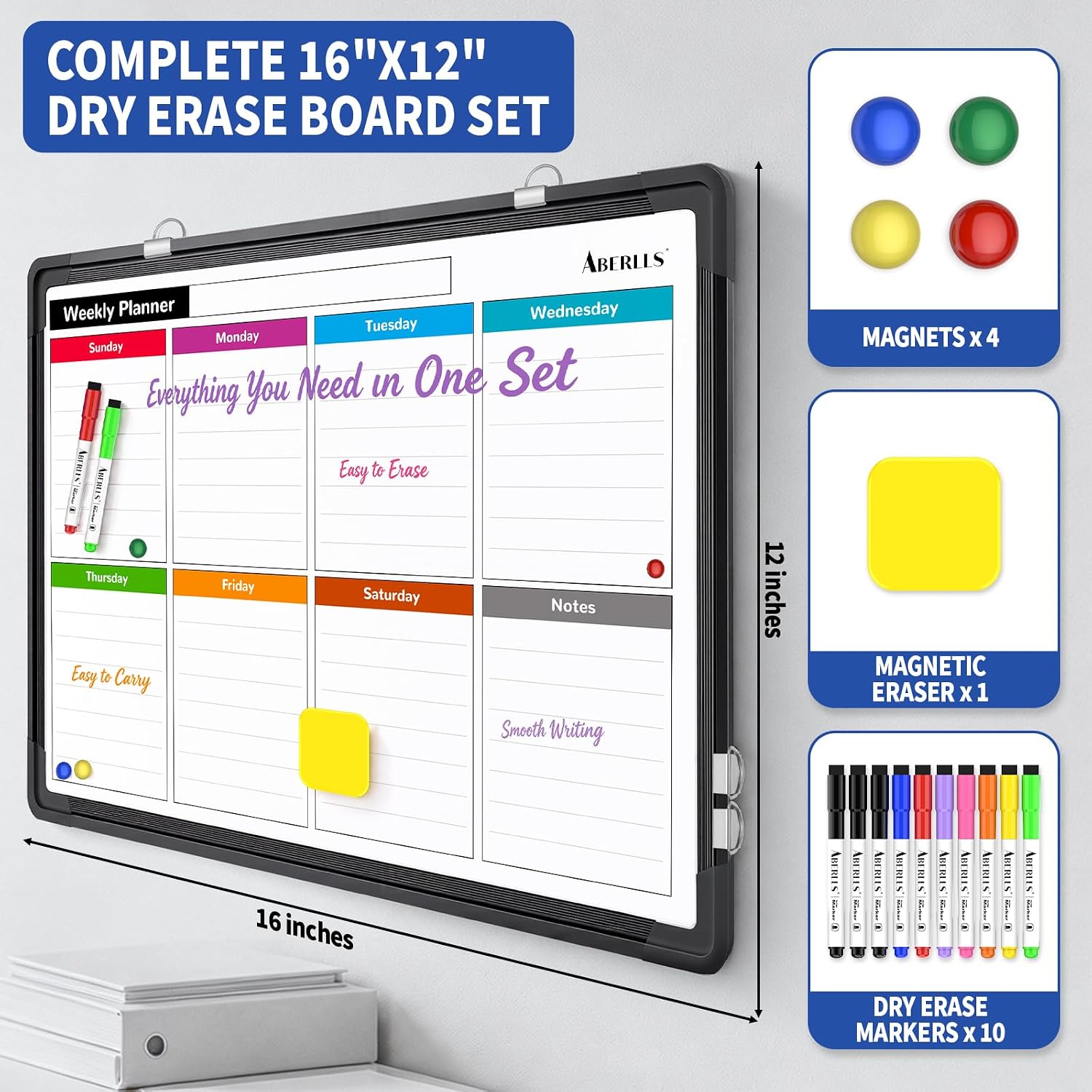 Detalle de ABERLLS 16" x 12" Double-Sided Weekly Magnetic Whiteboard