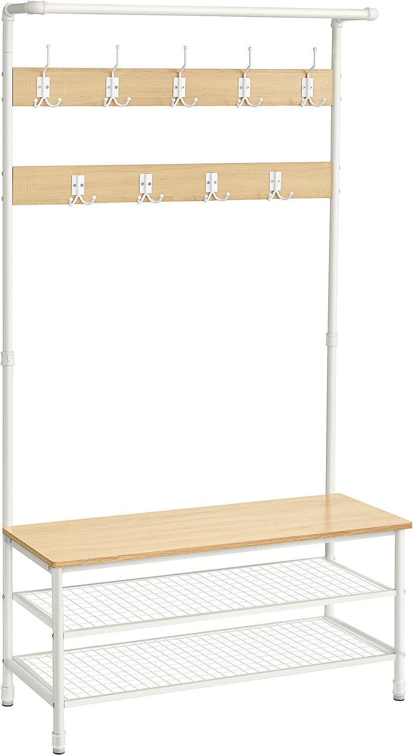 Detalle de VASAGLE Appendiabiti Grande Mobile da Ingresso con Panca, 9 Ganci e Scarpiera HSR047W09 (Rovere e Bianco)