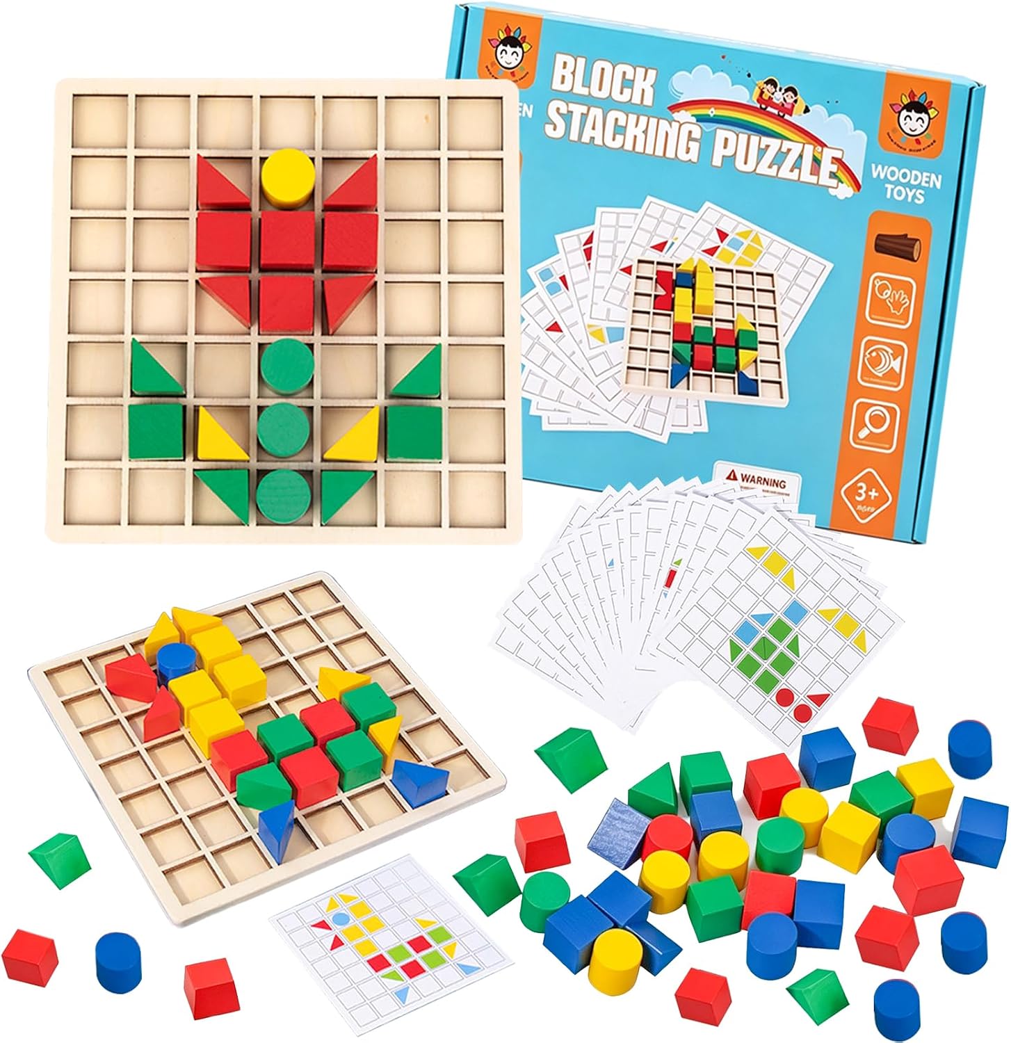 Detalle de KUKUTrue YX-001 houten mozaïekpuzzel met 44 blokken en 20 dubbelzijdige kaarten