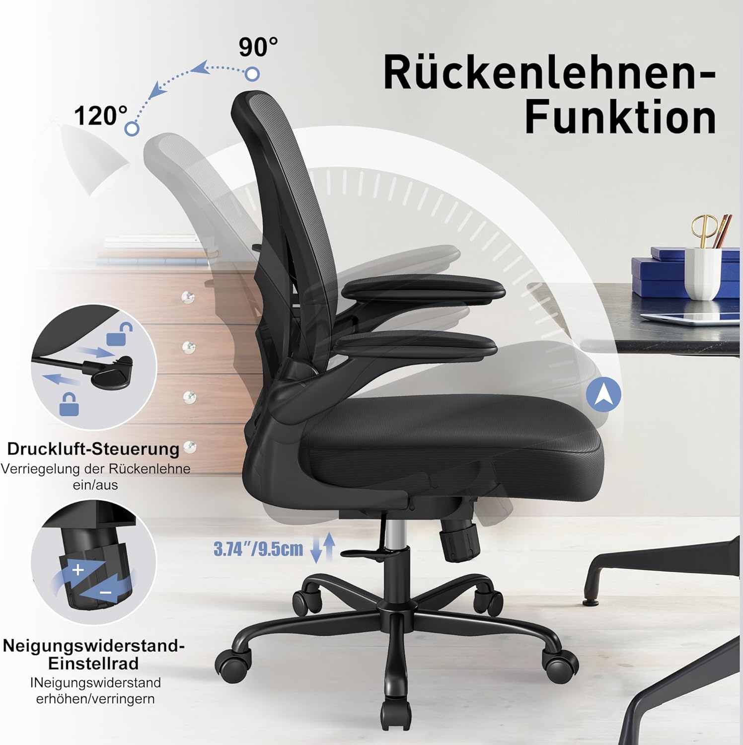 Thumbnail 4 de Keratee Sedia da ufficio ergonomica in mesh con supporto lombare regolabile e braccioli ribaltabili, seduta girevole 360° in nero