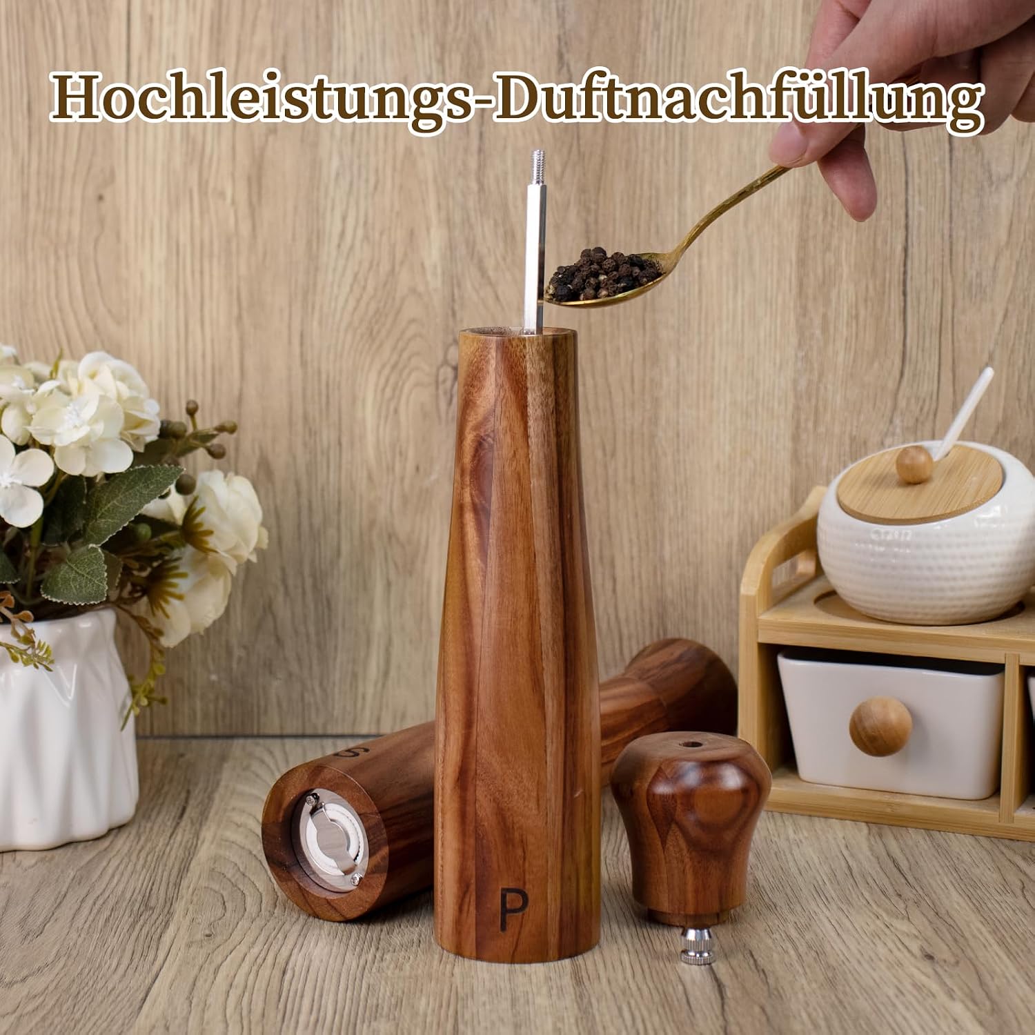Thumbnail 6 de Haomacro zout- en pepermolenset van acaciahout, 25,5 cm, keramisch maalwerk