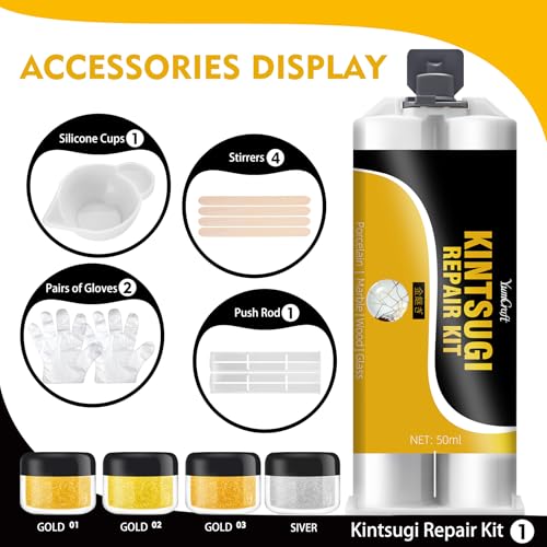 Detalle de Kintsugi Kit YumCraft: Kit Kintsugi con polvere d'oro e argento per ceramica e vetro