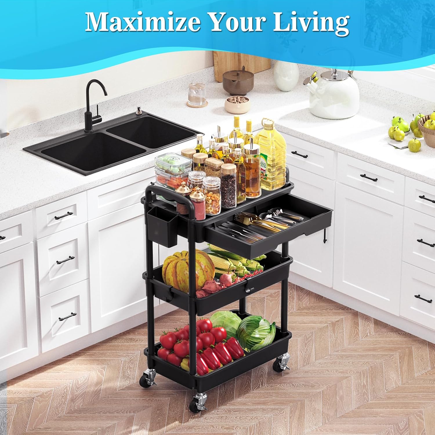Thumbnail 6 de SUNALLY SN-UC03B 3-Tier Rolling Cart with Drawer, Hooks and Locking Wheels