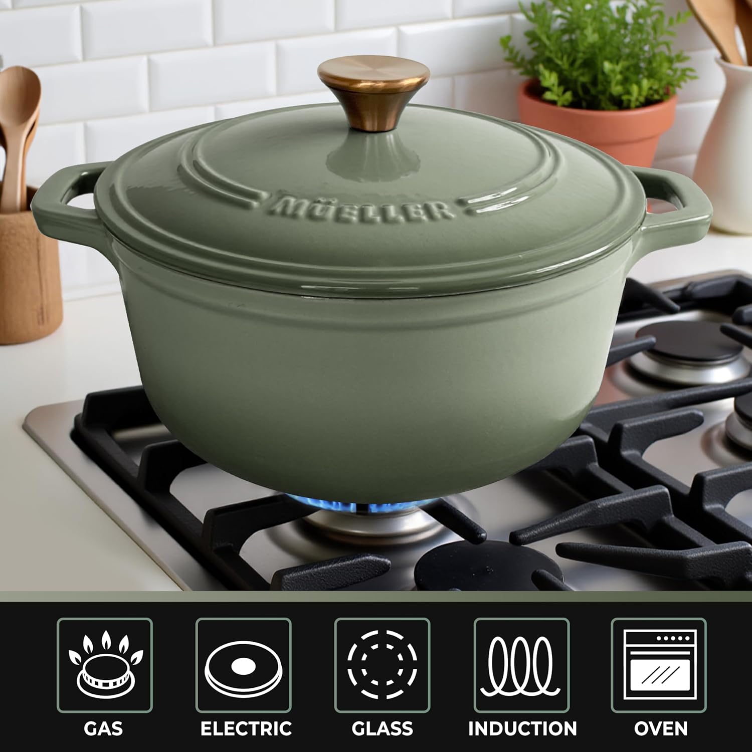 Thumbnail 5 de Mueller Home 6 Quart Enameled Cast Iron Dutch Oven (Thyme Green) for Sourdough & Everyday Cooking