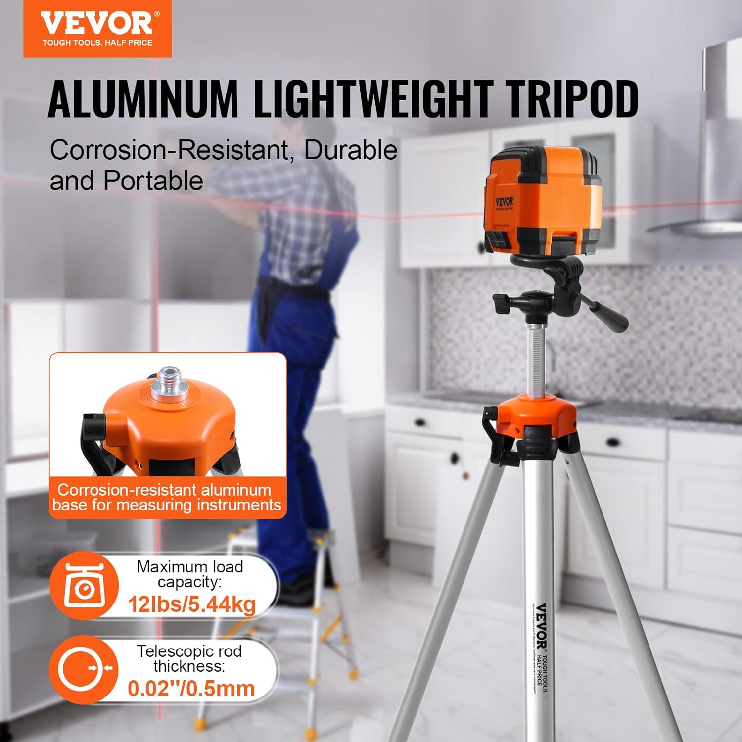 Detalle de VEVOR Laser Level Tripod with 1/4 x 20 Mount — Adjustable Aluminium Stand for Stable Measurement