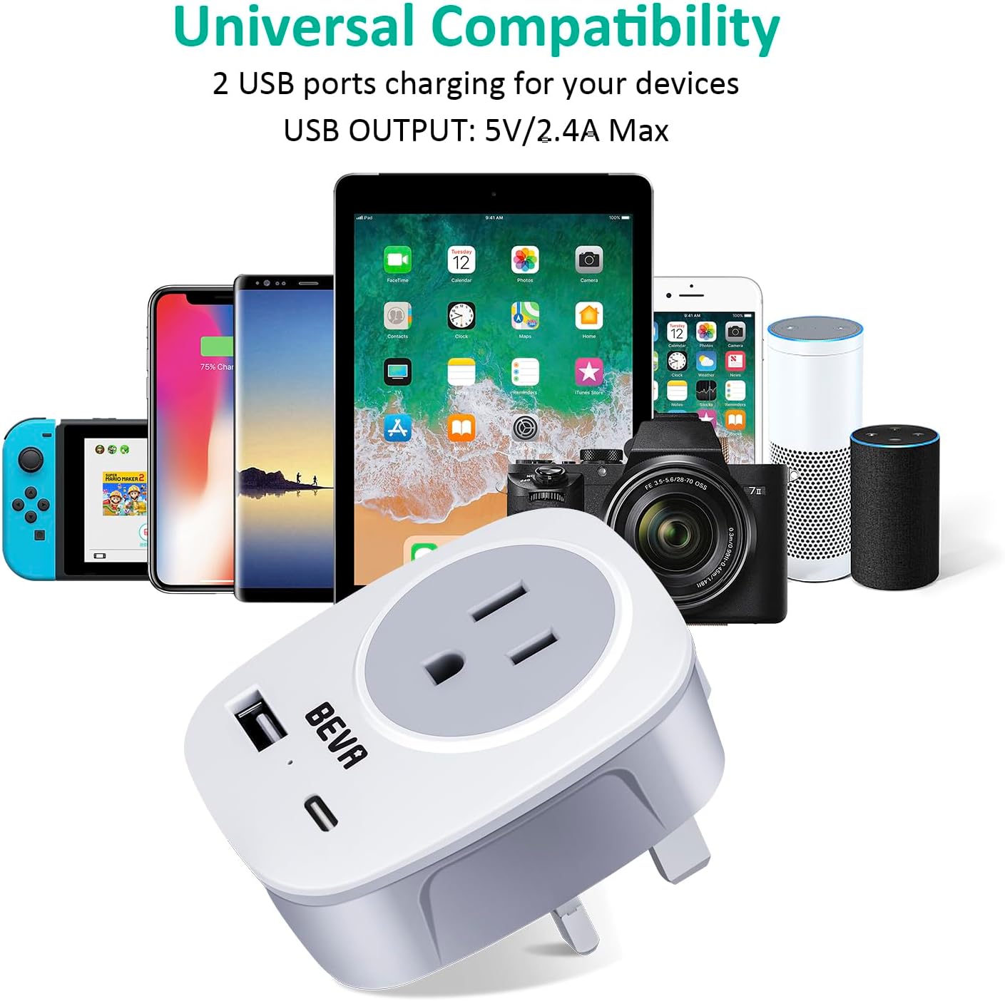 Detalle 2 de US to UK Plug Adapter with 2 USB Ports – BEVA 2/3 Pin USA to 3 Pin UK Travel Adaptor
