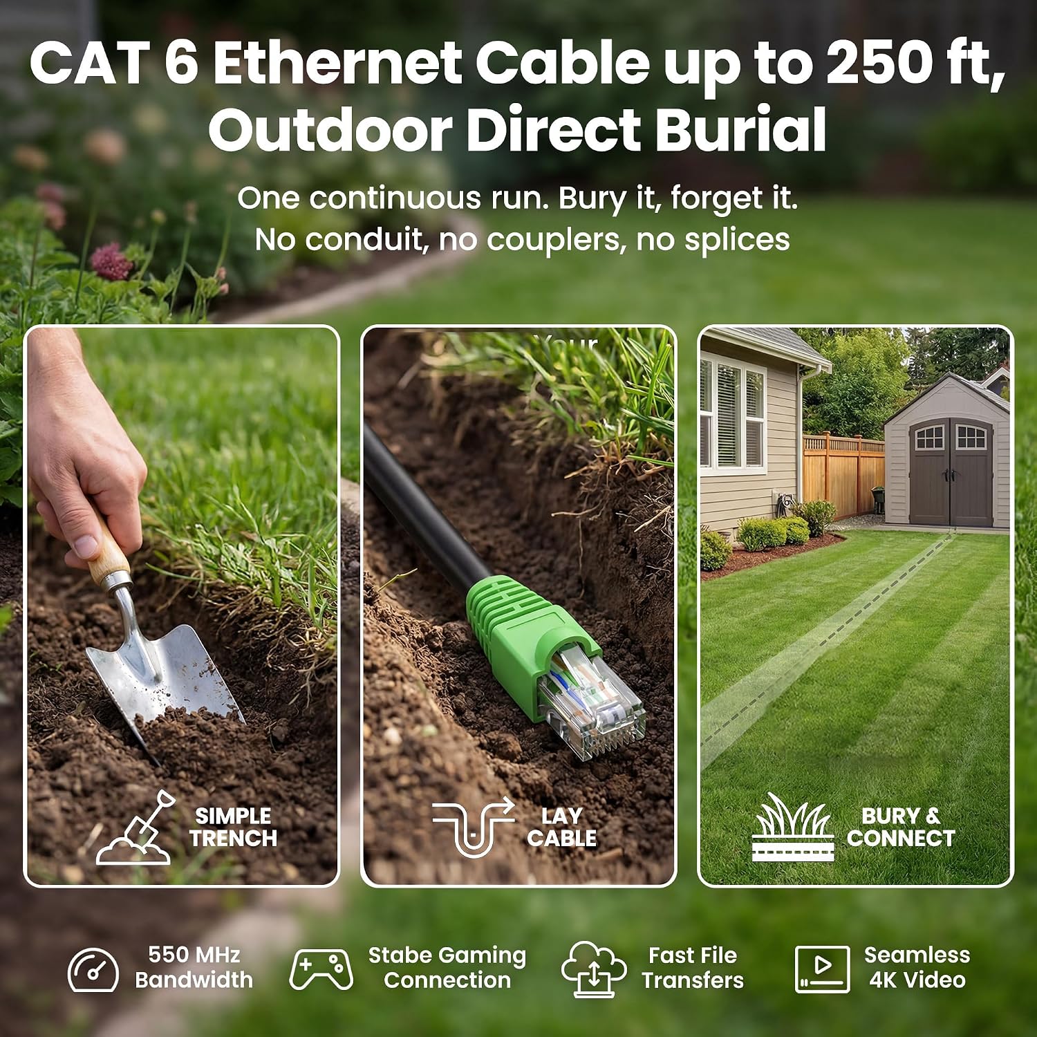 Detalle 2 de GEARit Cat6 Ethernet Cable 200ft (Outdoor Direct Burial, 24AWG, RJ45, UV-Resistant Jacket)
