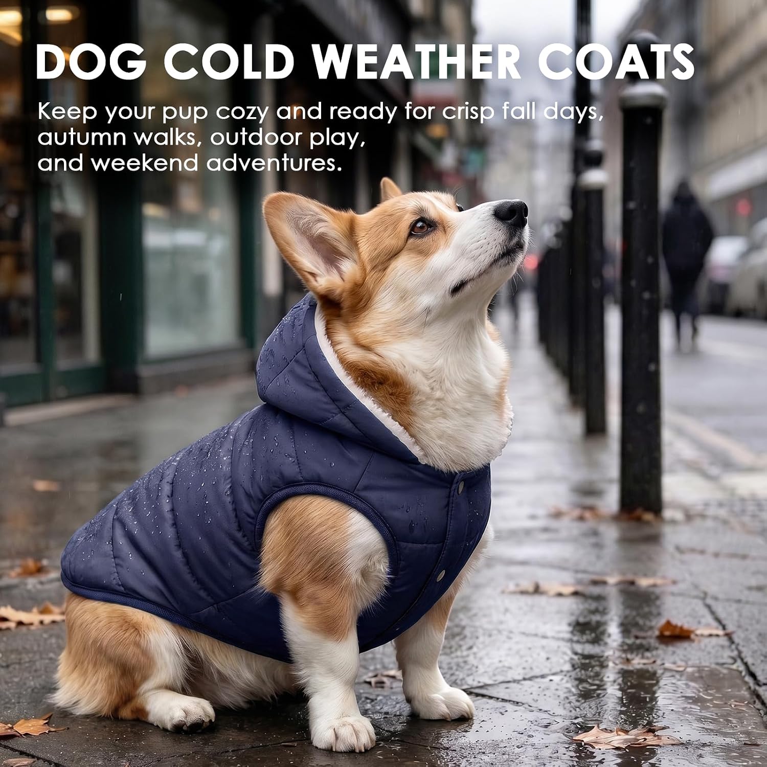 Detalle 2 de SAWMONG Dog Hoodie Blue M Winter Coat with Fleece Lining, Hood and Leash Hole