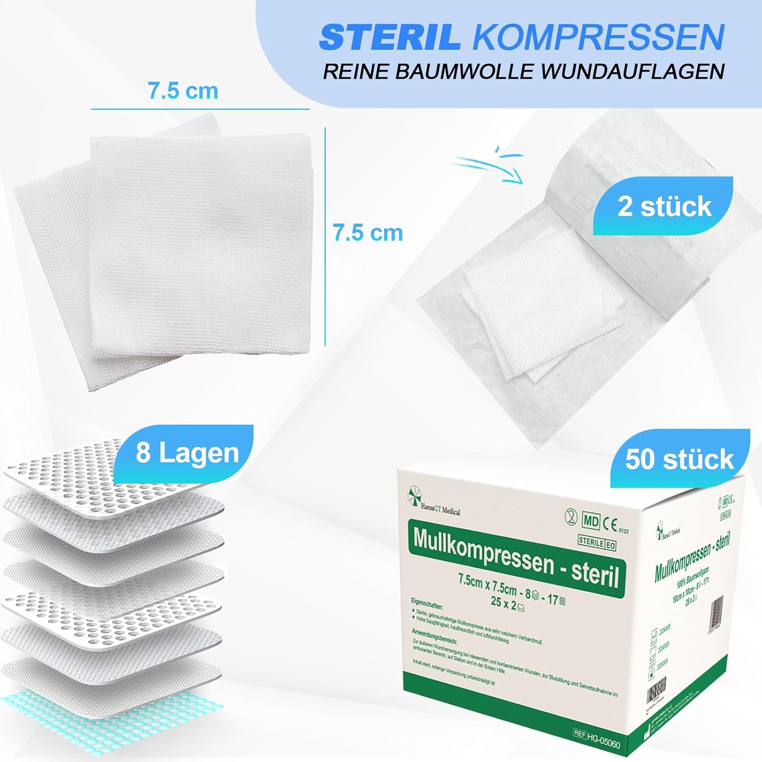 Thumbnail 1 de HansaGT Medical sterile Wundkompressen 10x10 cm, 50 Stück (8-lagig, STERIL)