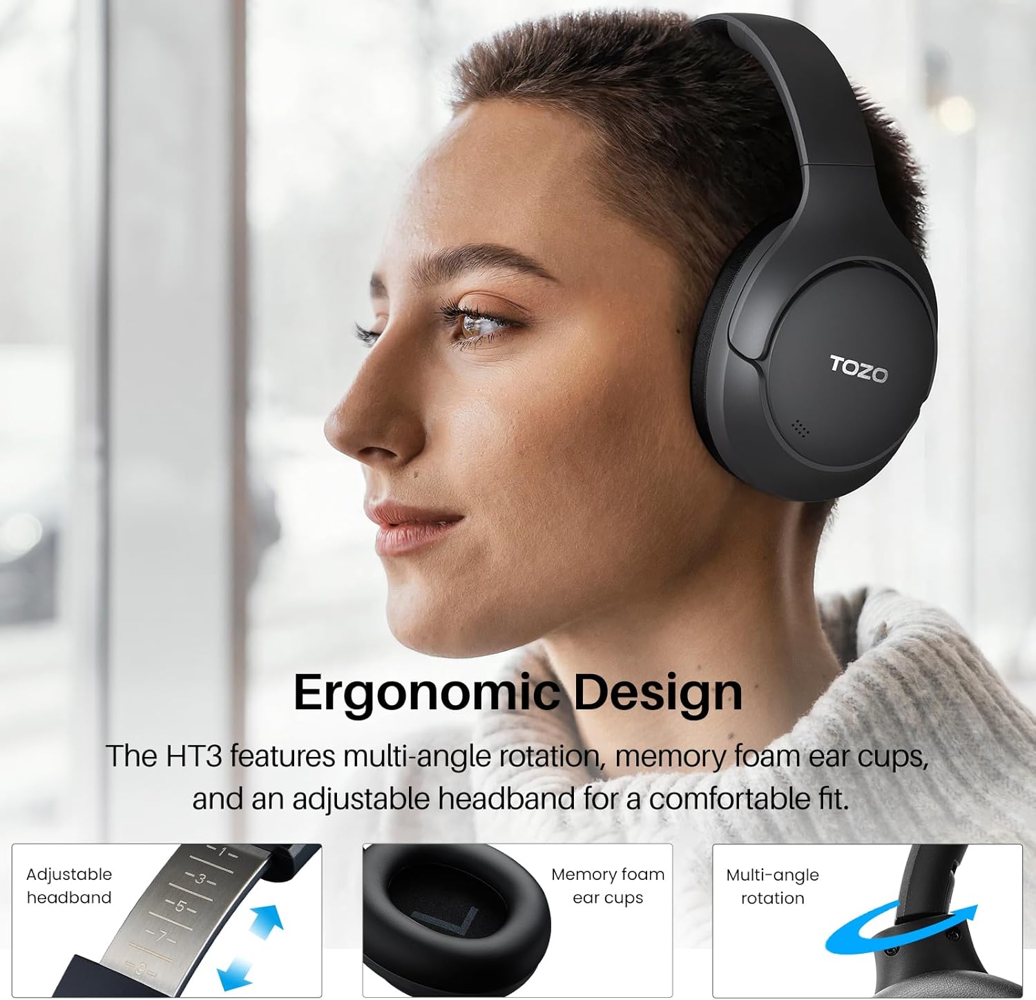 Thumbnail 6 de TOZO HT3 kabellose Bluetooth-Over-Ear-Kopfhörer mit ANC, 5 Mics und bis zu 90 Std. Laufzeit (Dunkel Schwarz)