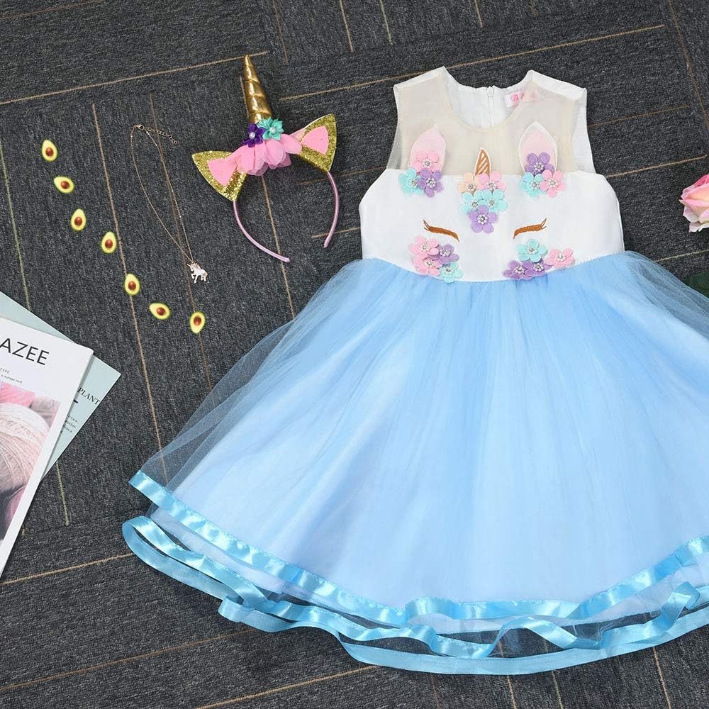 Thumbnail 6 de URAQT Mädchen Prinzessin Kleid mit Einhorn-Design (inkl. Halskette & Stirnband) – Blau, 110 cm