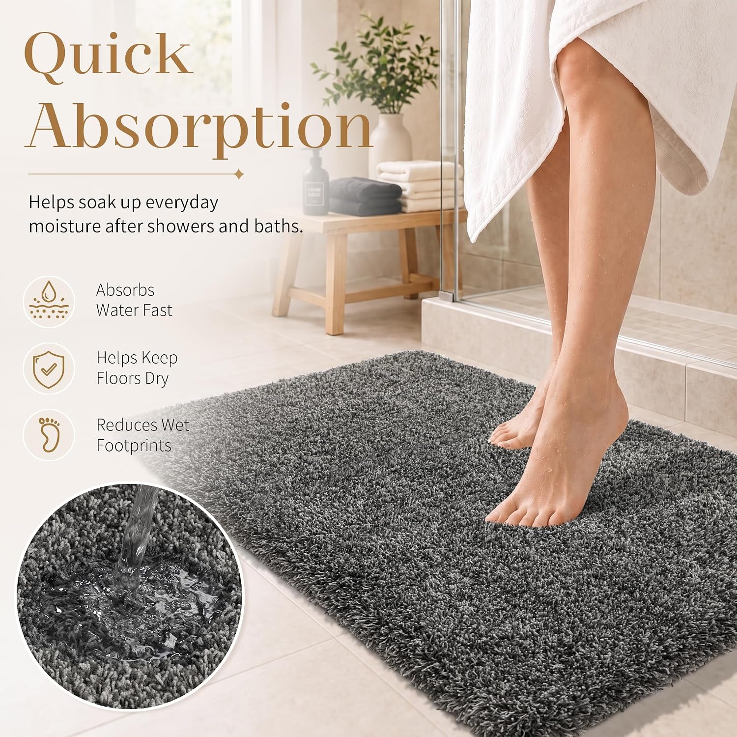 Detalle 2 de Yimobra 60" x 24" Bathroom Runner Rug, Plush Microfiber, TPR Backing