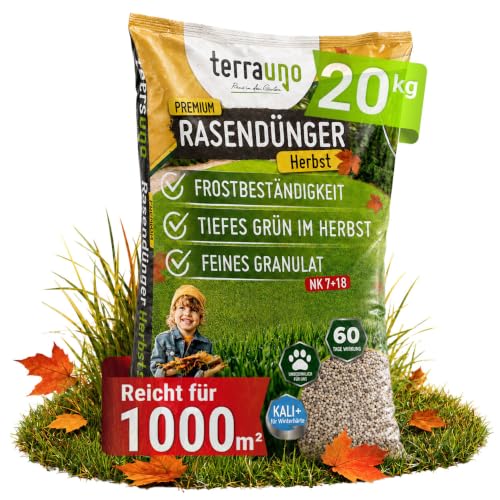 TerraUno Premium Herbstdünger Rasen – 20 kg für 1000 m², sofortige Grünwirkung, 60 Tage Langzeitwirkung