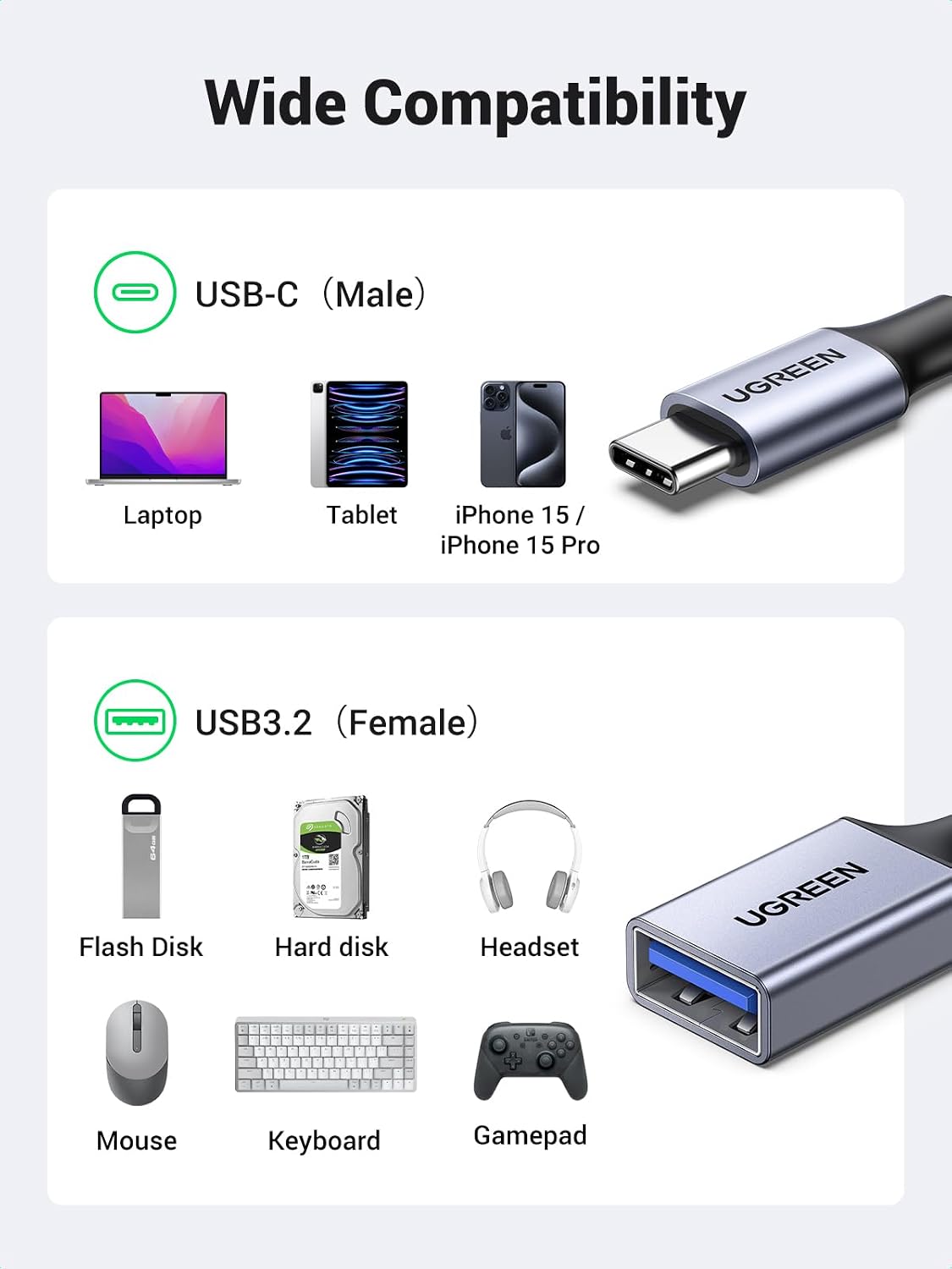 Detalle 2 de UGREEN USB-C-naar-USB-A 3.0 OTG-adapter, 5 Gbps, gevlochten nylon