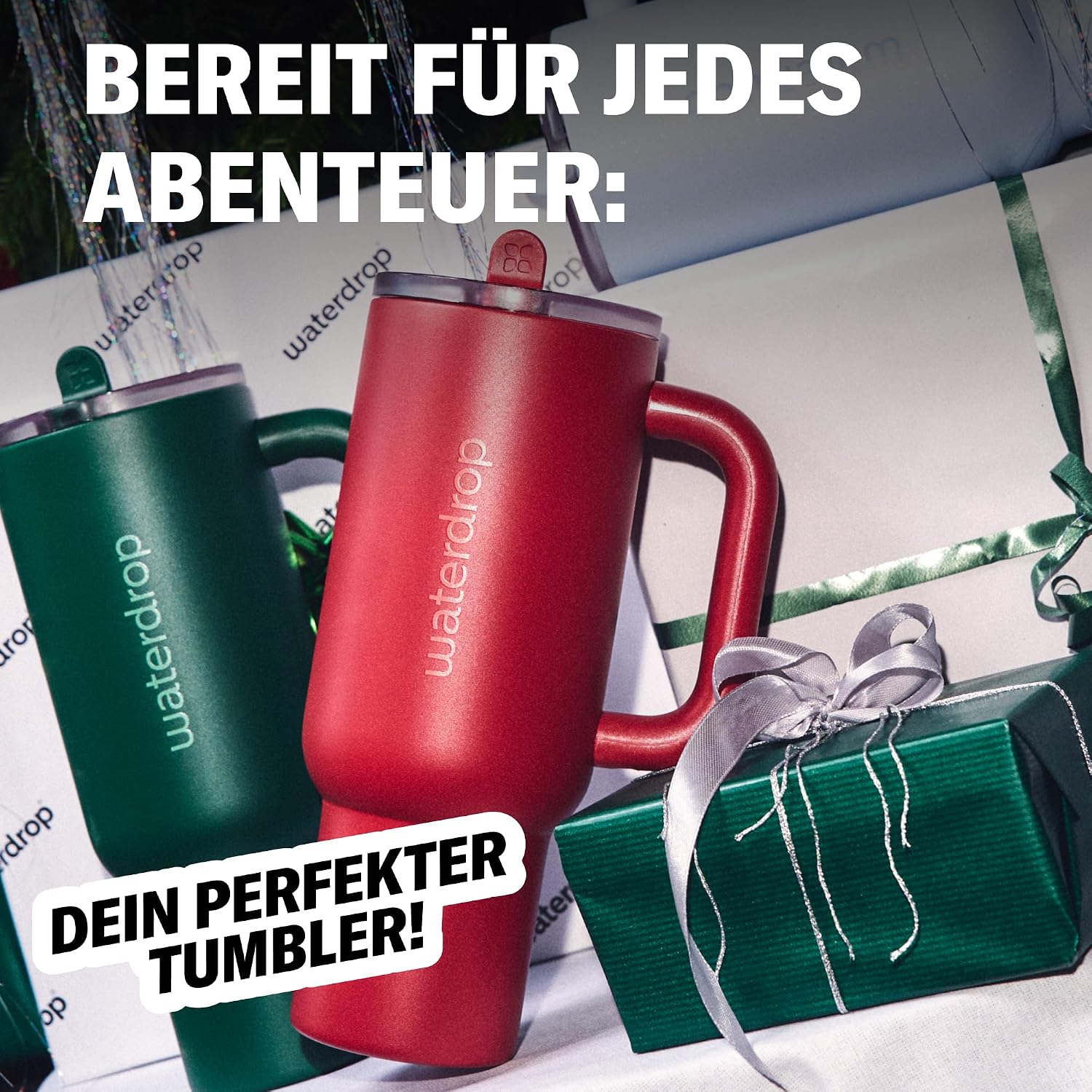 Detalle de waterdrop® Thermobecher mit Strohhalm 1,1L – Auslaufsichere Edelstahl-Trinkflasche mit klappbarem Mundstück