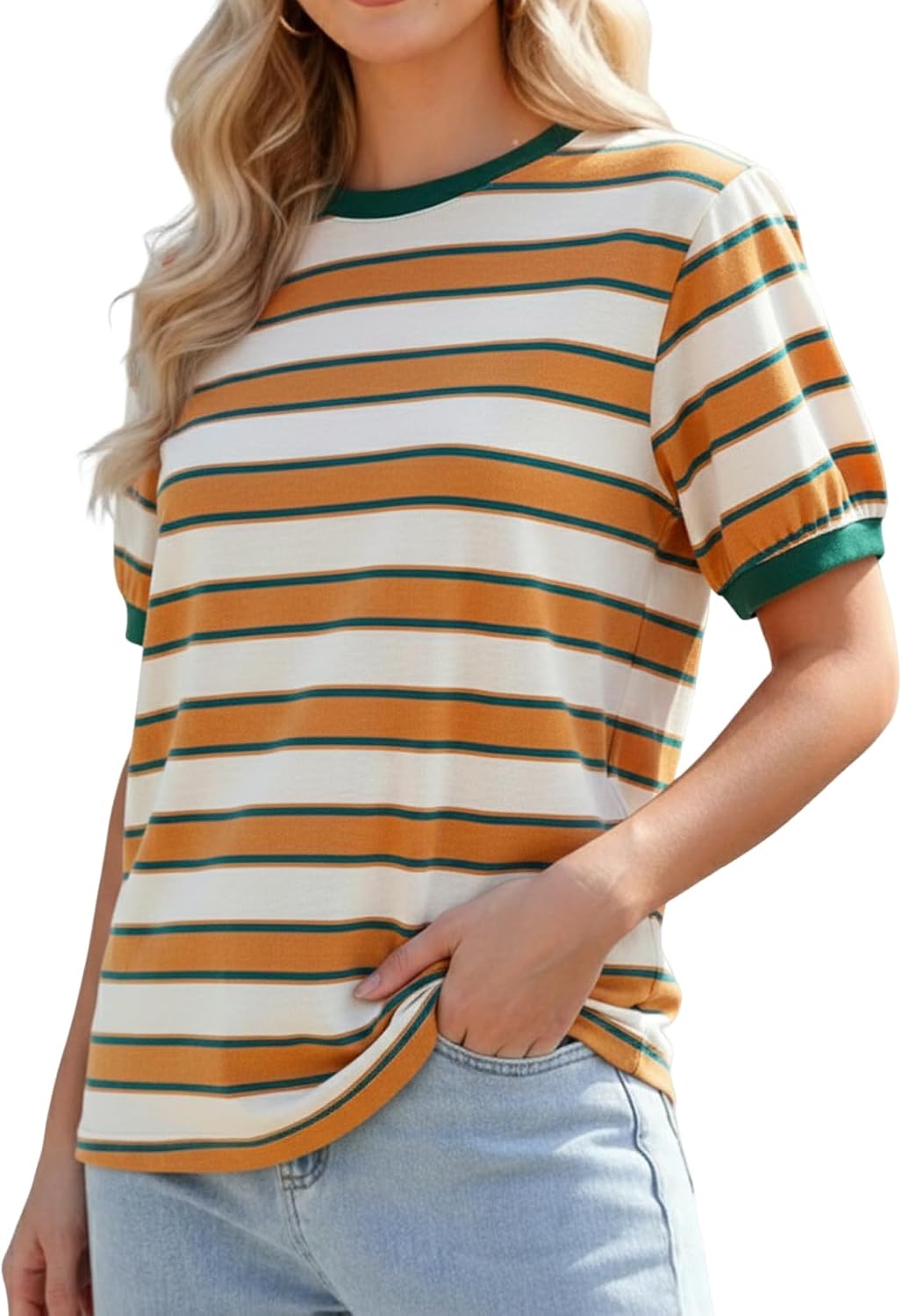 Detalle 2 de Cuptacc Damen T-Shirt Rundhals Locker Gestripes, Baumwolle – Sommer-Top mit Kontrast
