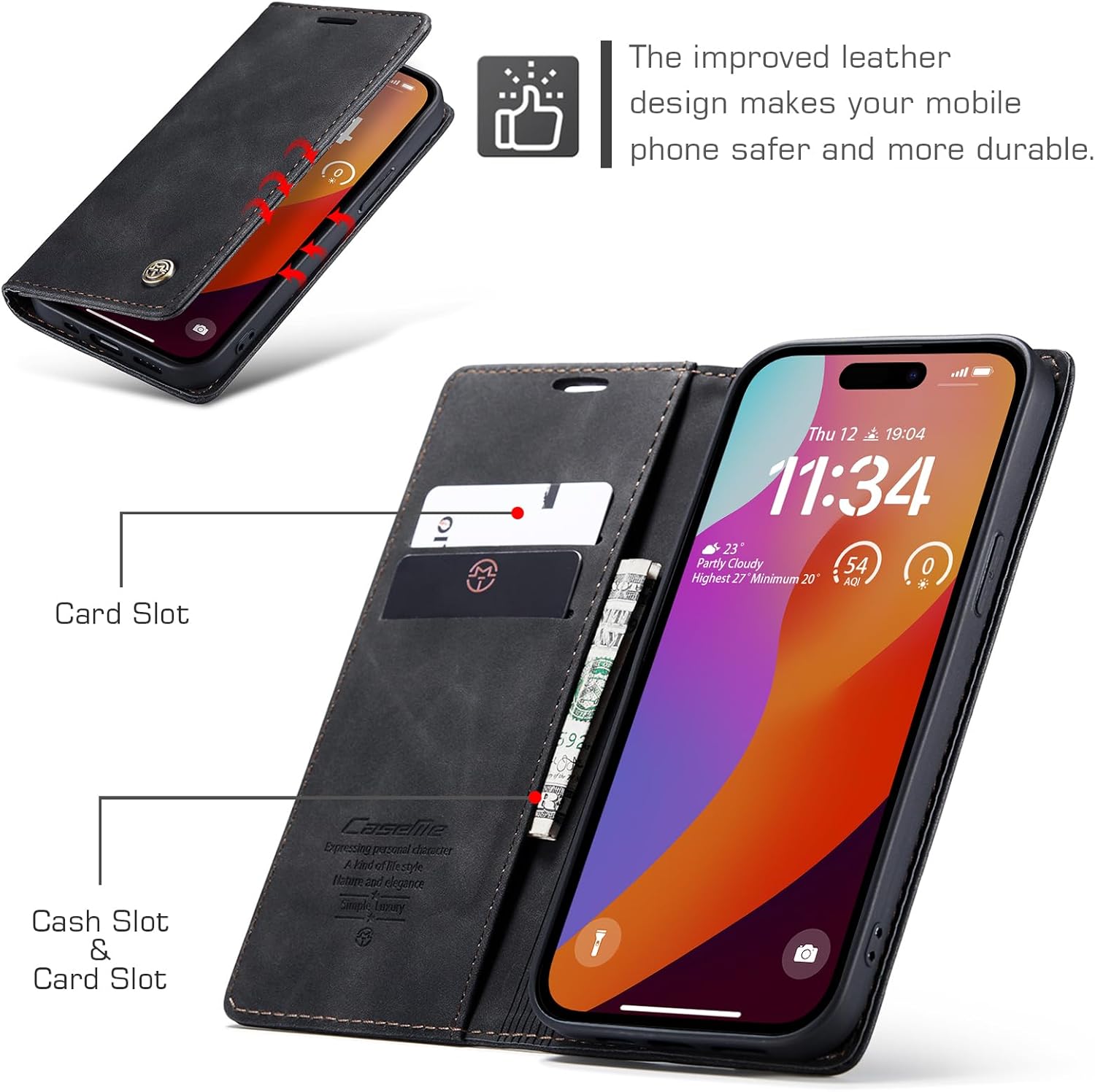 Thumbnail 1 de owlhold Handyhülle für iPhone 15 Pro – Premium Lederhülle mit Vintage-Nubukleder, Kartenfach, Standfunktion und Schutzhülle in Schwarz
