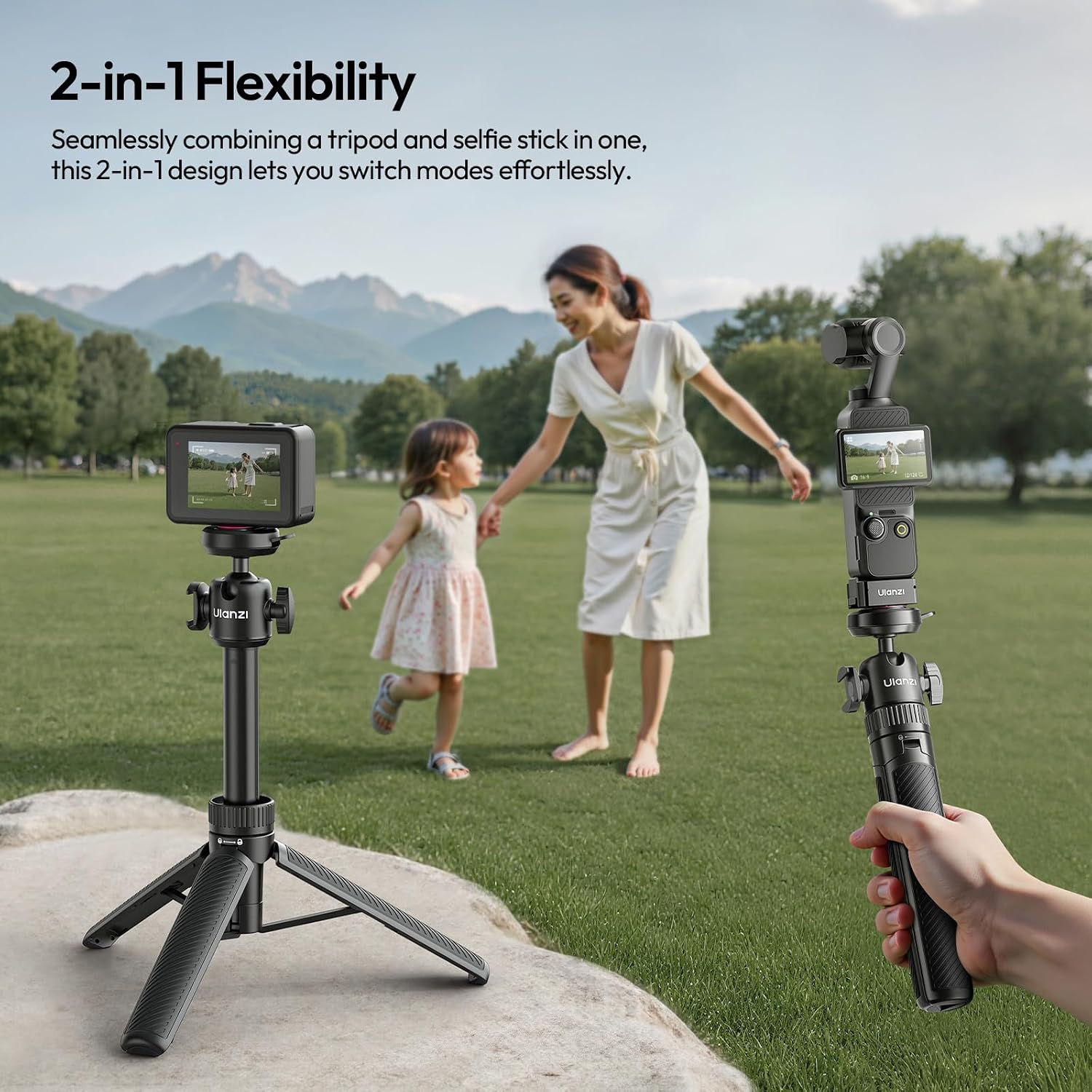 Detalle de ULANZI MT90 Mini trépied 2-en-1 avec perche selfie et fixation rapide CKA pour caméra d’action