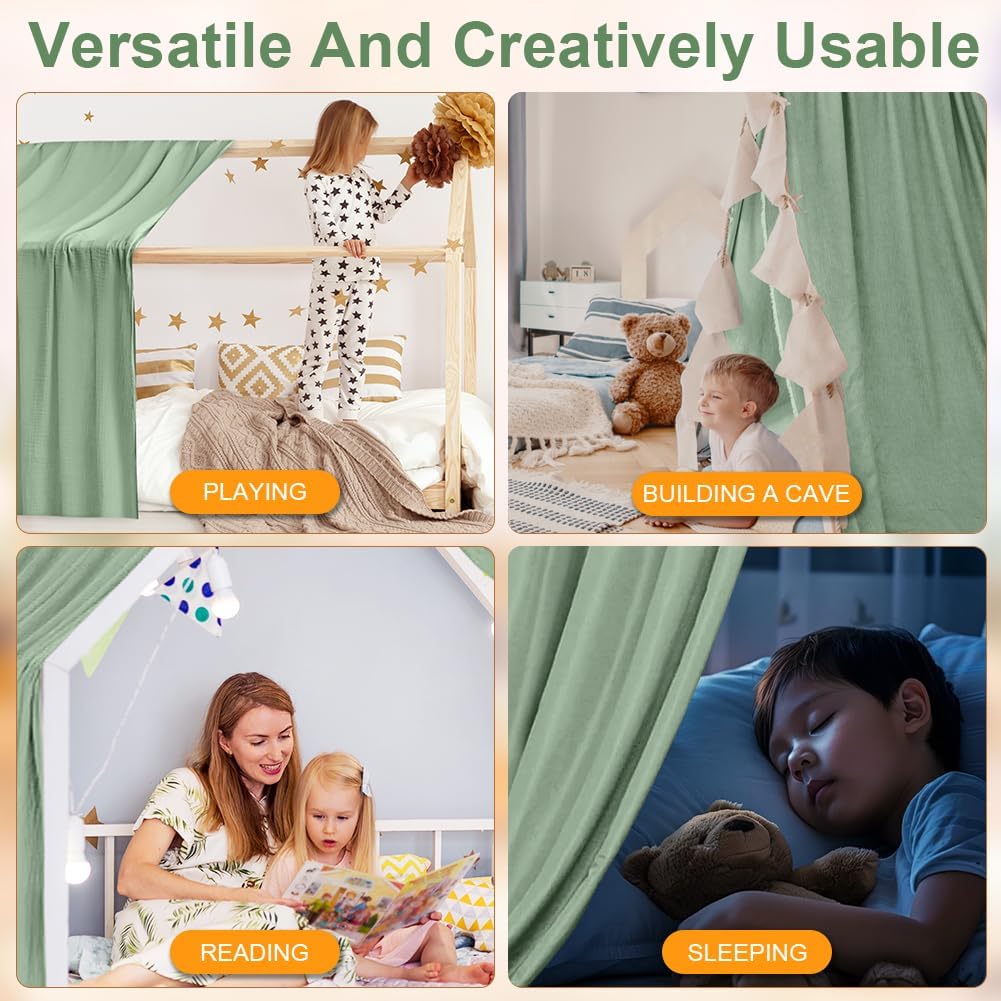 Detalle de Vicloon Bed Canopy for Children – 100% Cotton Muslin, 135 x 360 cm, Light Green