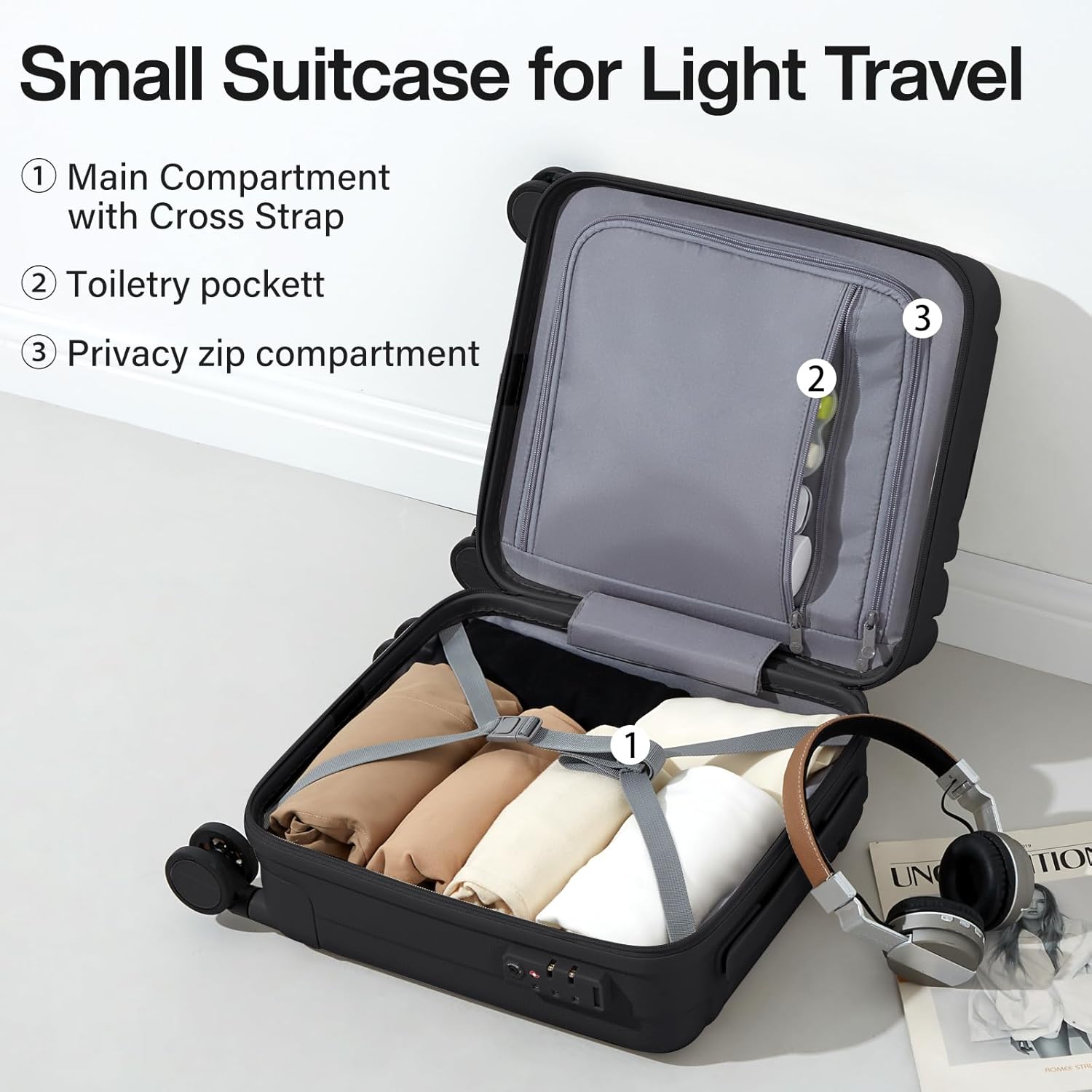 Detalle 2 de Hanke 14 Inch Hardshell Cabin Suitcase (Airline Approved) with TSA Lock and Dual Spinner Wheels, Jet Black