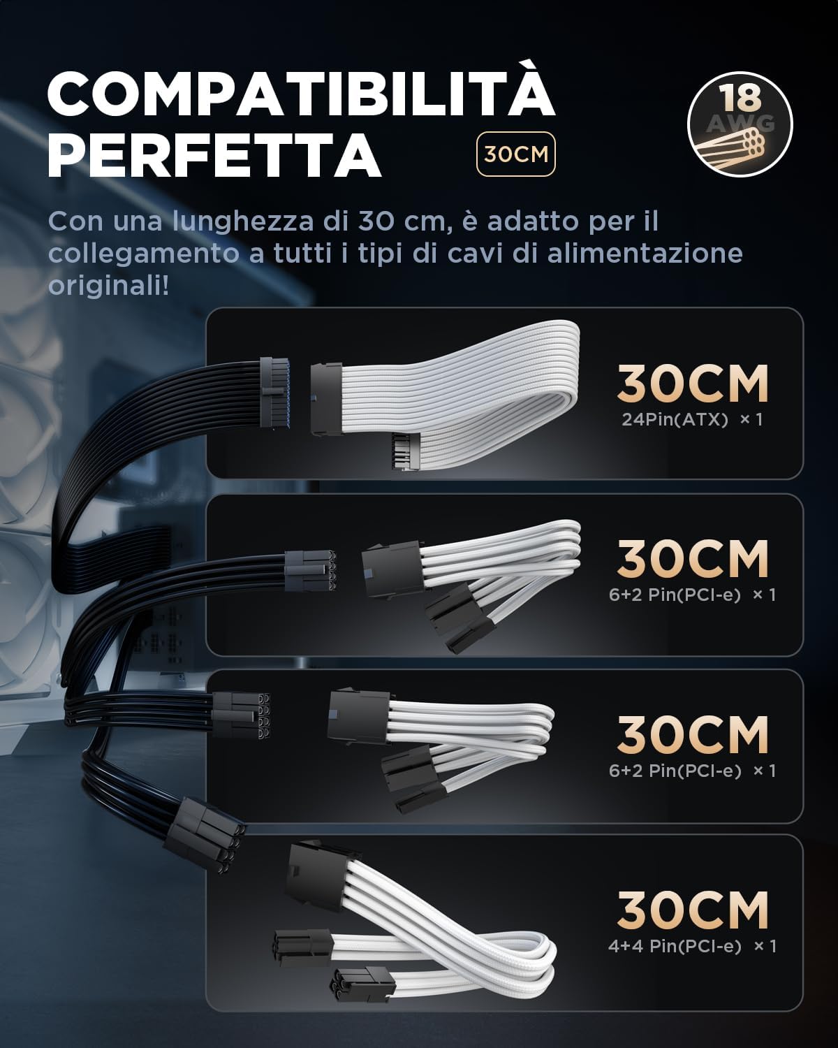 Thumbnail 2 de AsiaHorse 18AWG Prolunga Cavo PSU 24 pin + 4+4 + 6+2, 30 cm, Bianco