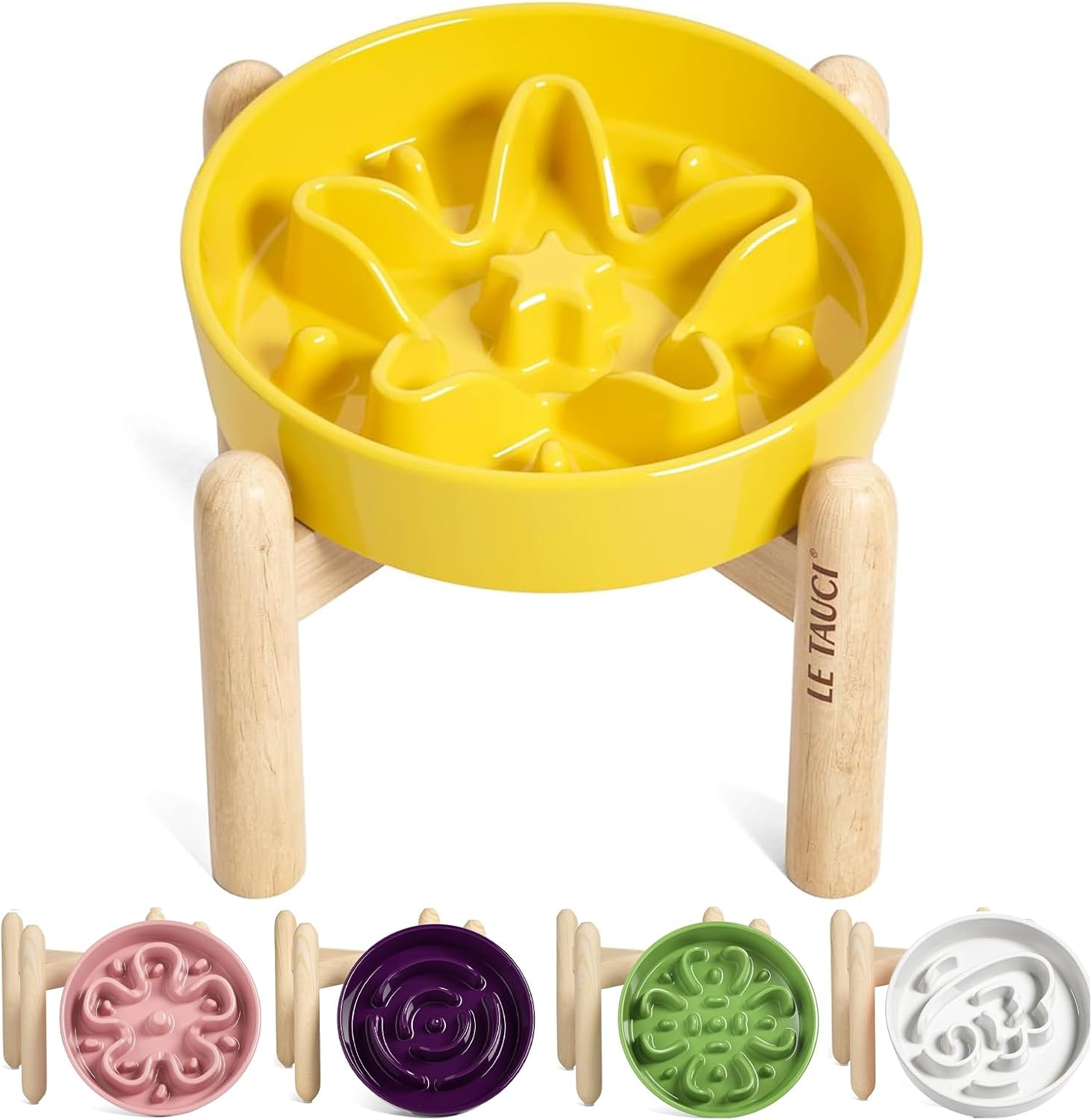 Thumbnail 5 de LE TAUCI Keramik-Hundenapf für langsames Fressen (Slow Food) mit Rillen & Labyrinthmuster, 350 ml, Sterngelb