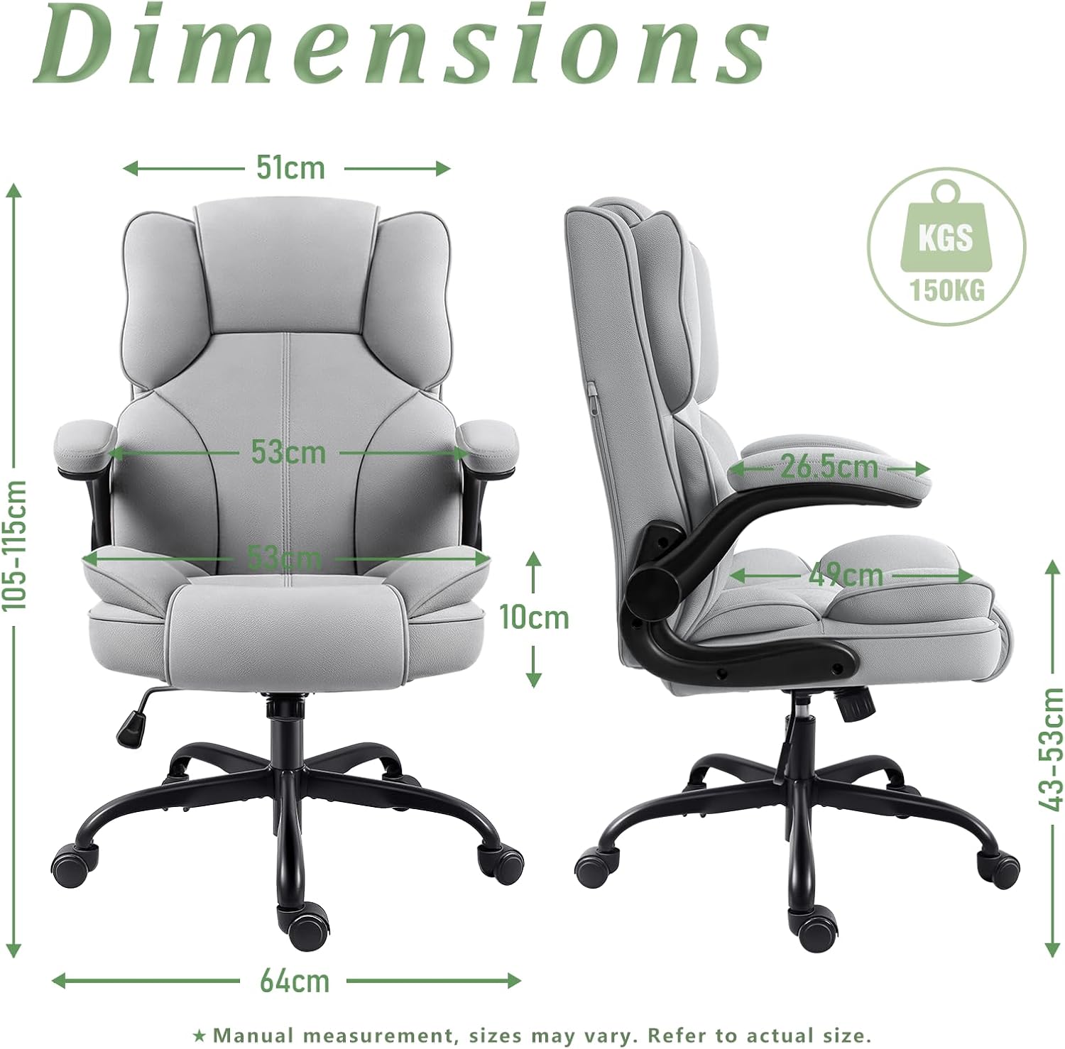 Detalle de GGCIR 5756 Z-Gray Executive Office Chair, Fabric, Flip-up Arms, 150kg Capacity