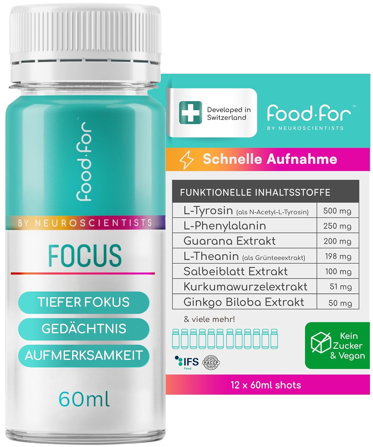 Detalle de FOODFOR FOCUS Booster Dopamine Shot 60 ml (12er-Pack) – zuckerfrei mit L-Theanin, L-Tyrosin, Guarana & Ginkgo